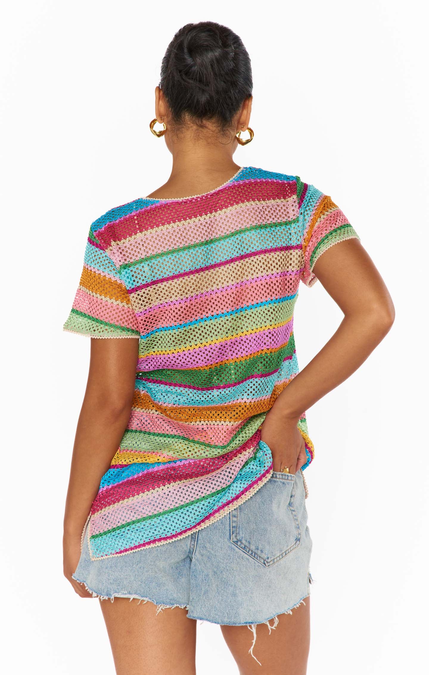 Airy Crochet Travel Coverup with Rainbow Criss-Cross Detail