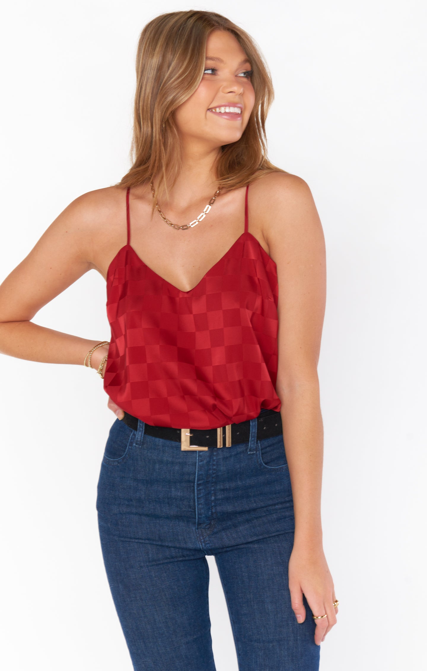 Red Checkerboard Satin Tank Top | Adjustable Spaghetti Straps