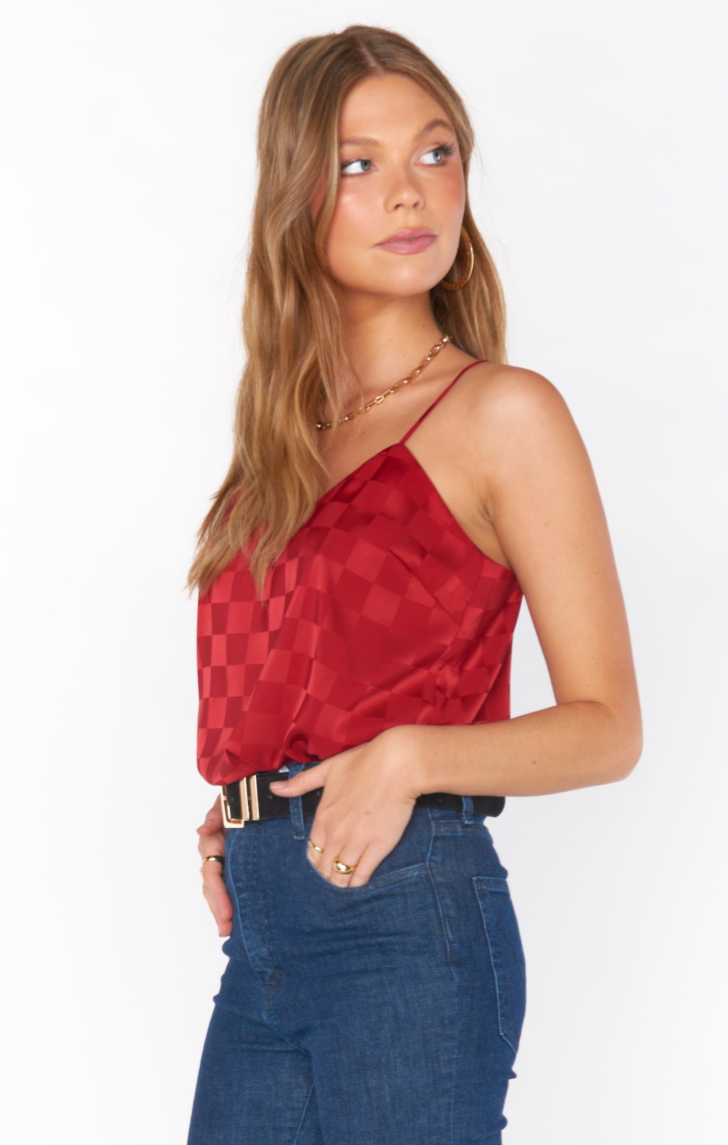 Red Checkerboard Satin Tank Top | Adjustable Spaghetti Straps