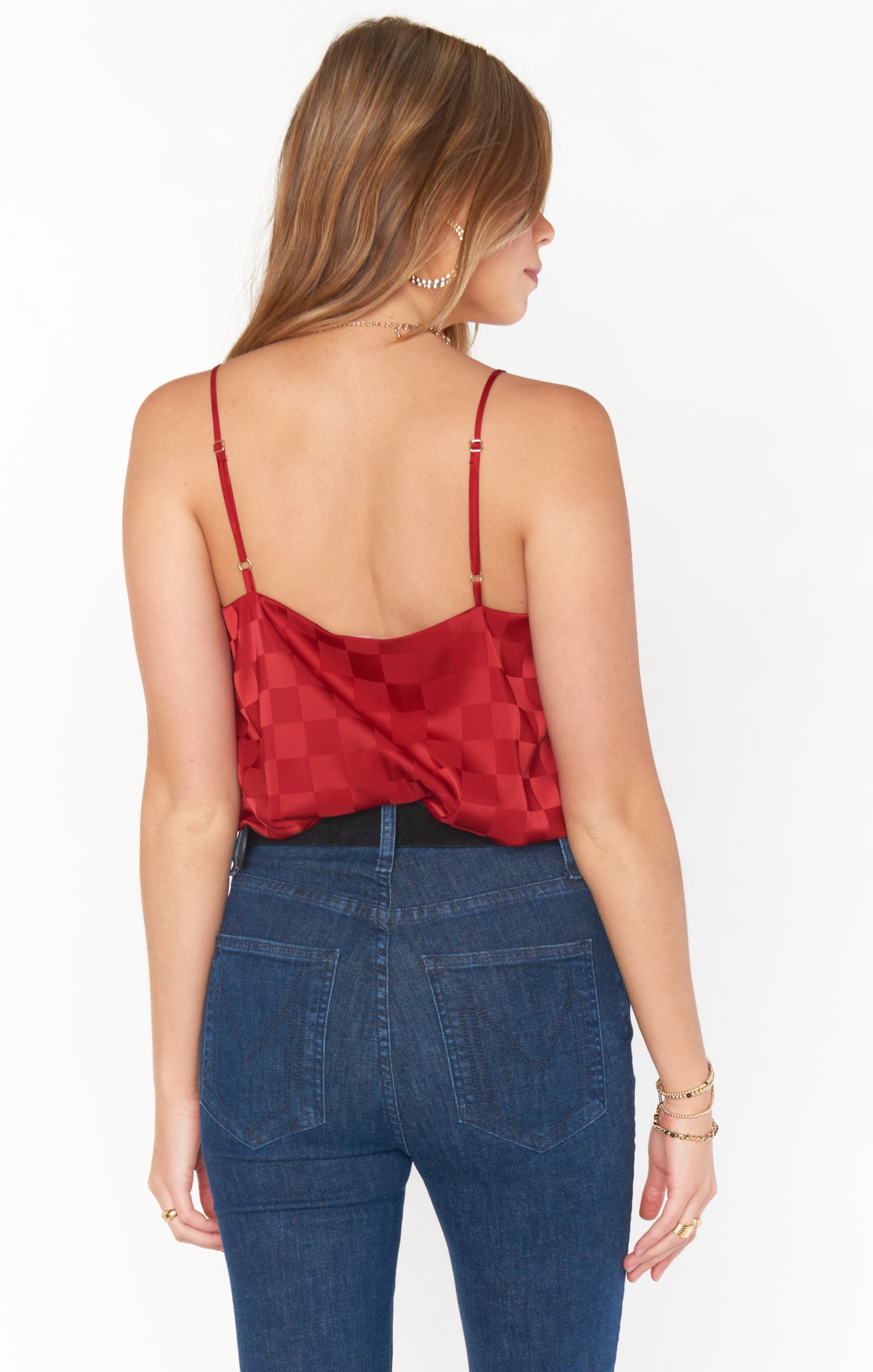 Red Checkerboard Satin Tank Top | Adjustable Spaghetti Straps