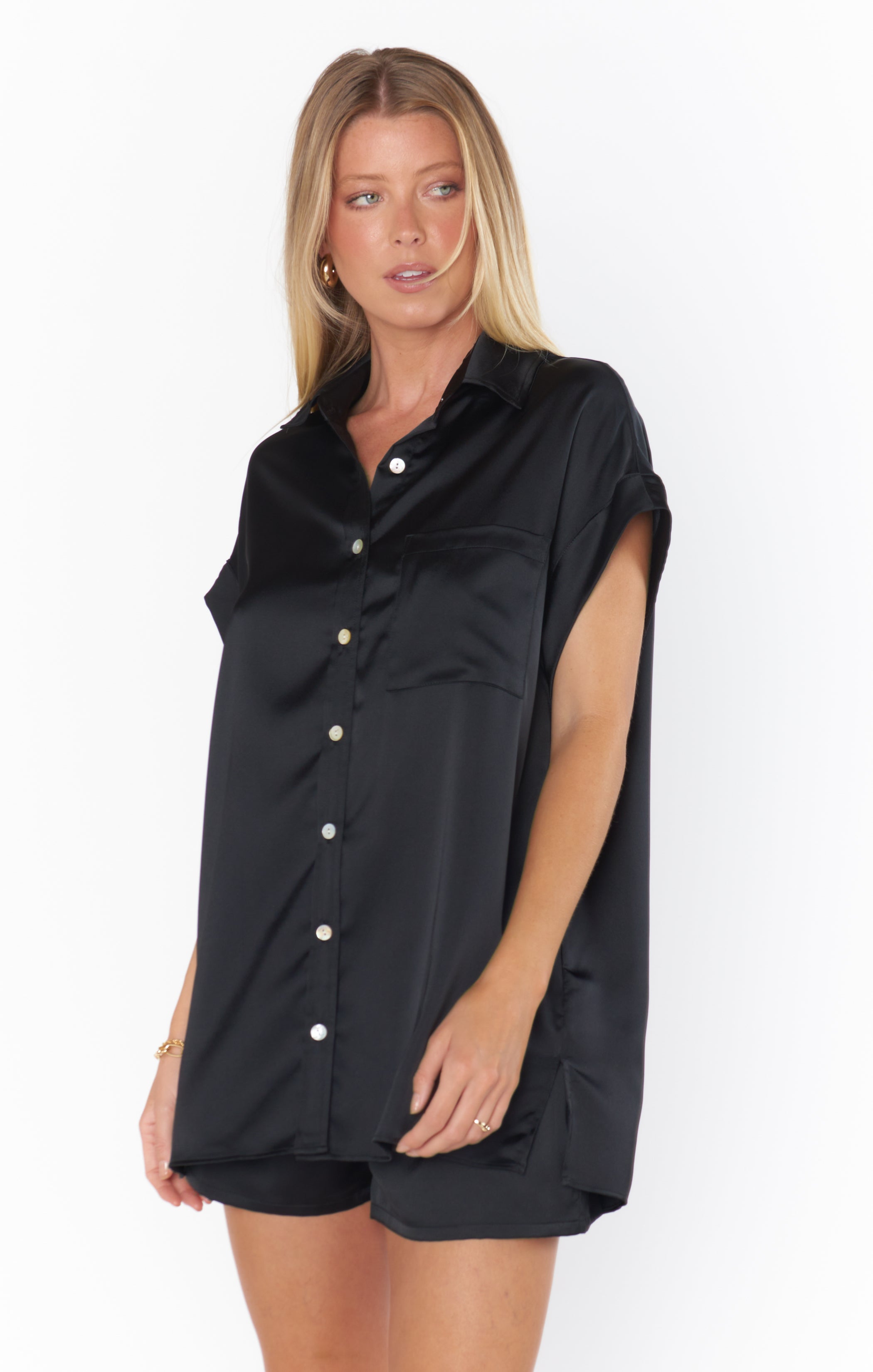 Black Luxe Satin Button Up Shirt for Bridal Parties | Best Day