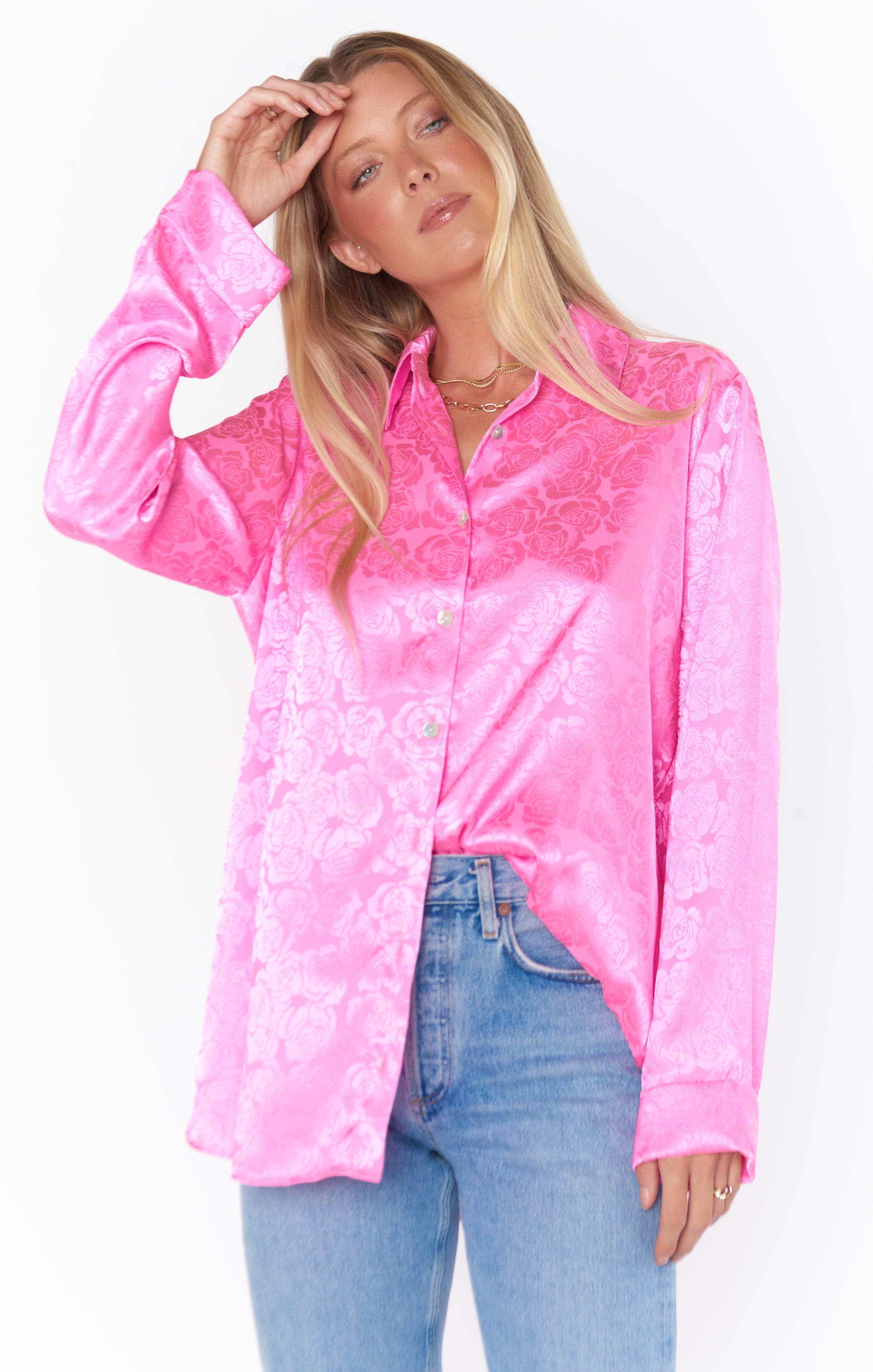 Bright Pink Rose Satin Button Down Shirt for Parties | Smith