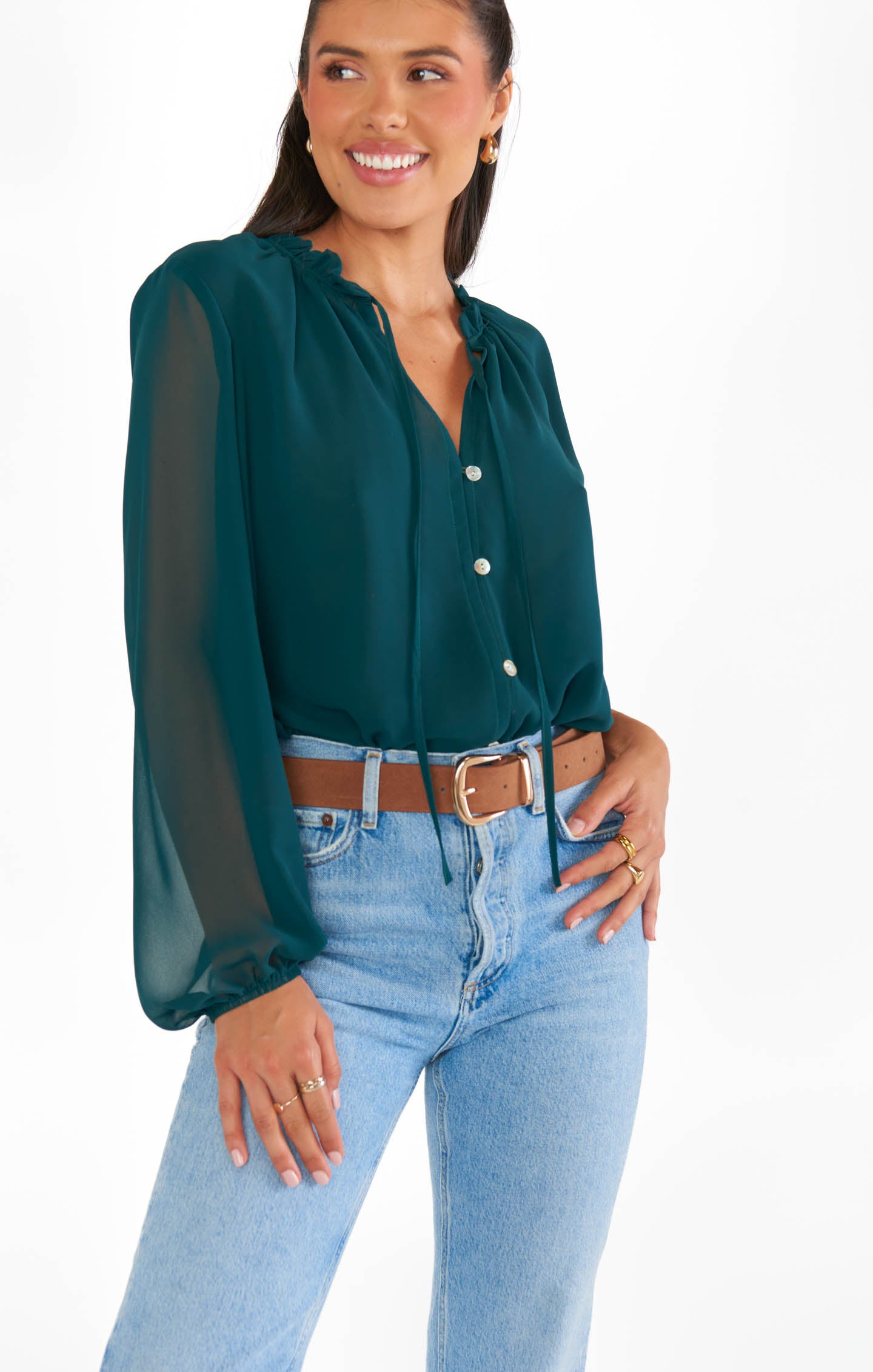 Emerald Chiffon Tunic with Ruffled Collar & Balloon Sleeves | Alicia