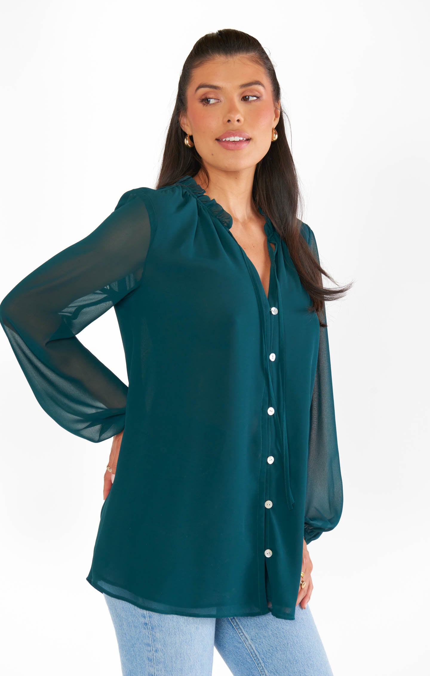 Emerald Chiffon Tunic with Ruffled Collar & Balloon Sleeves | Alicia