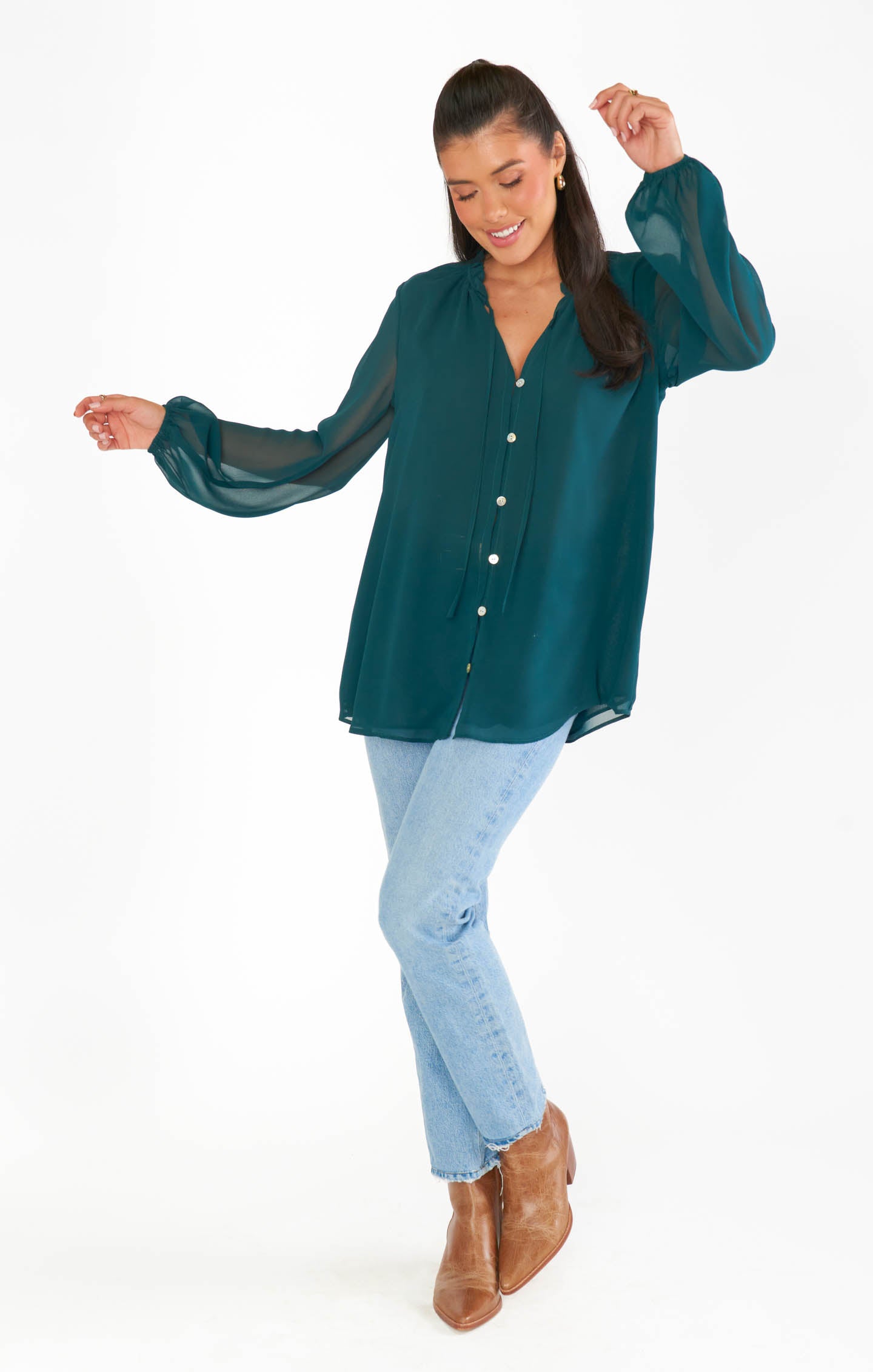 Emerald Chiffon Tunic with Ruffled Collar & Balloon Sleeves | Alicia
