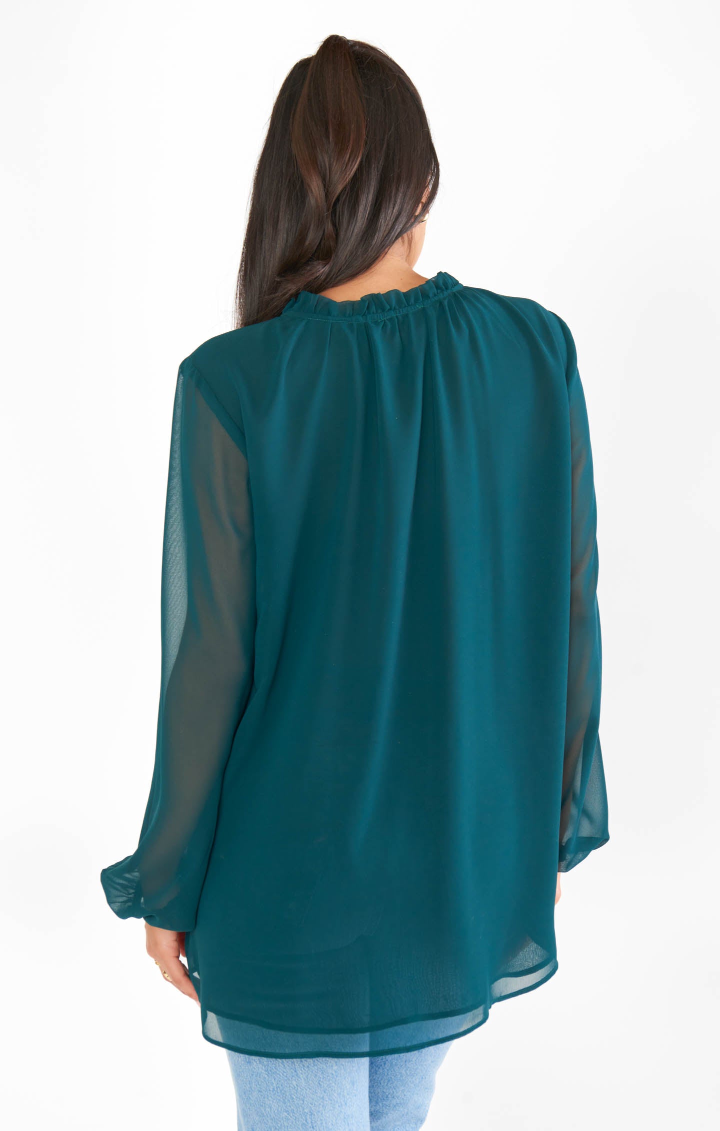 Emerald Chiffon Tunic with Ruffled Collar & Balloon Sleeves | Alicia