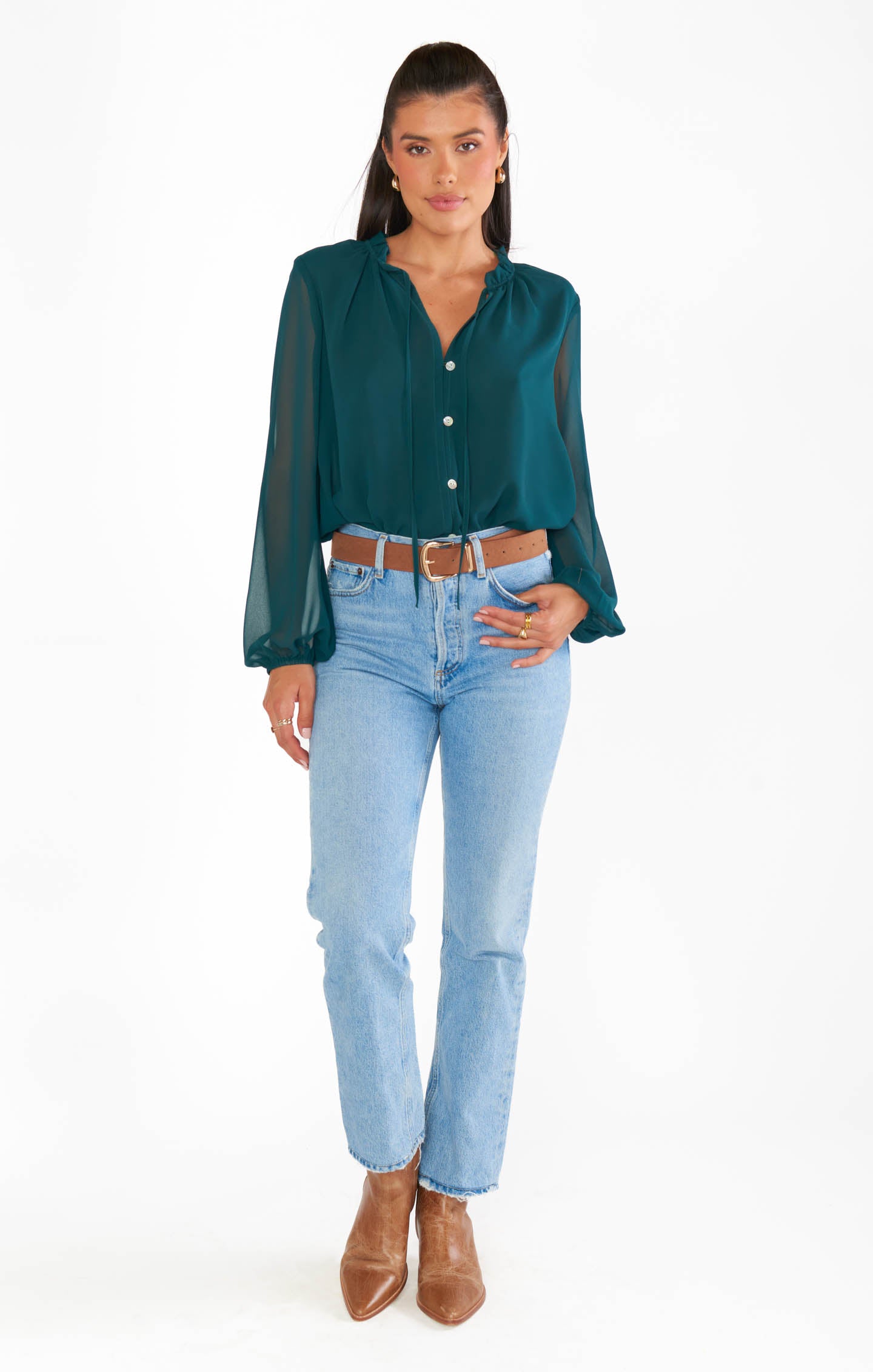 Emerald Chiffon Tunic with Ruffled Collar & Balloon Sleeves | Alicia
