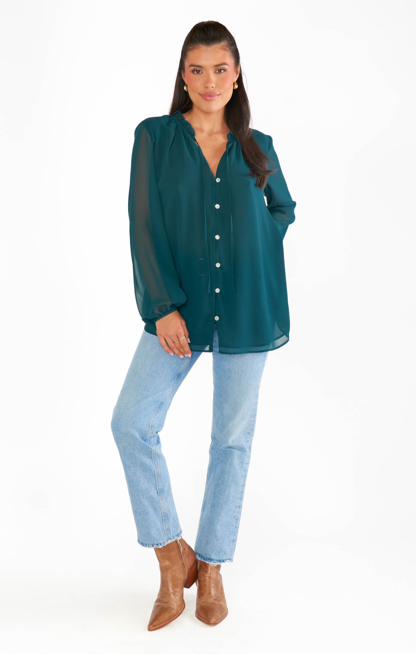 Emerald Chiffon Tunic with Ruffled Collar & Balloon Sleeves | Alicia