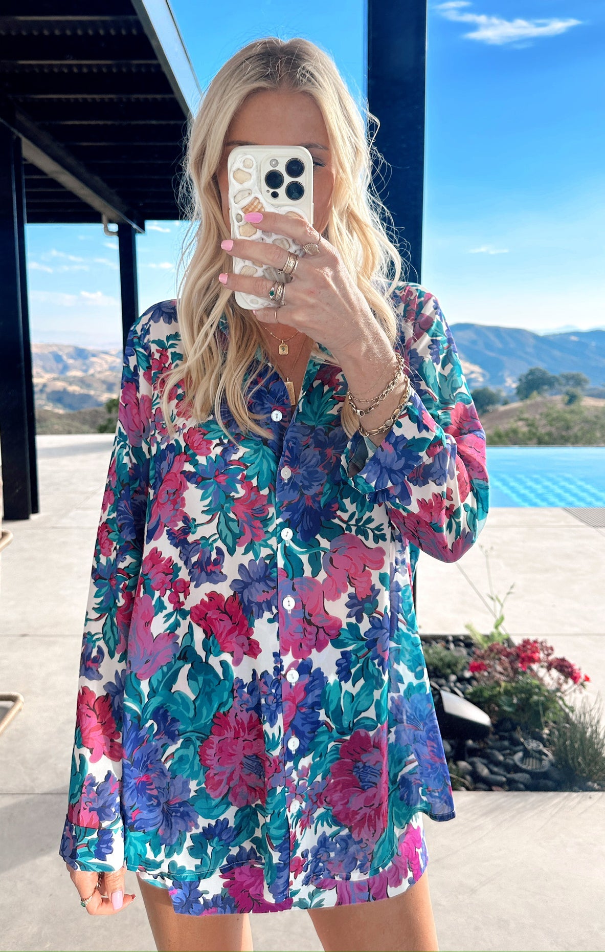 Silky Button Down Shirt with Floral Print | Smith Magenta Blooms