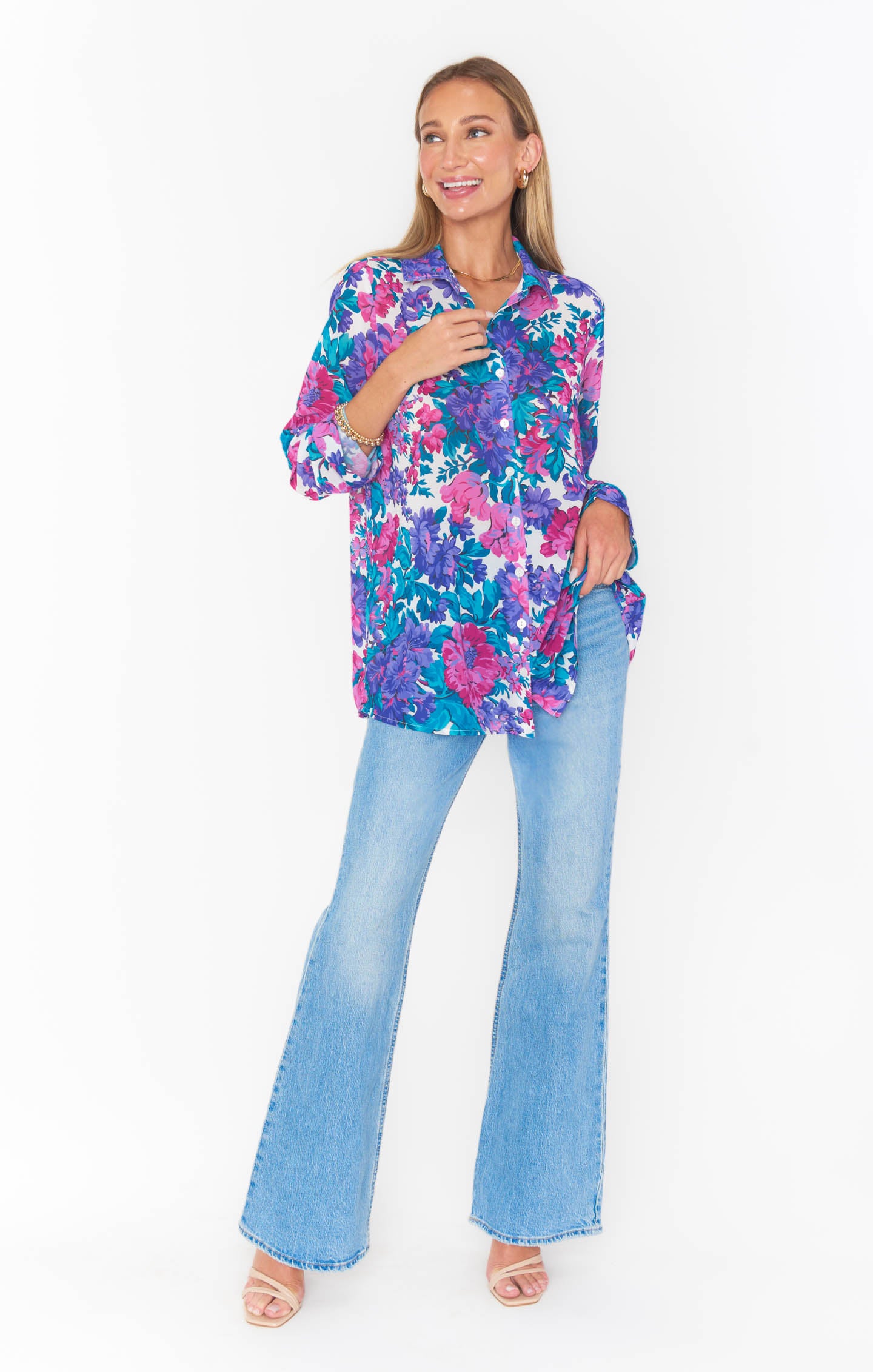 Silky Button Down Shirt with Floral Print | Smith Magenta Blooms
