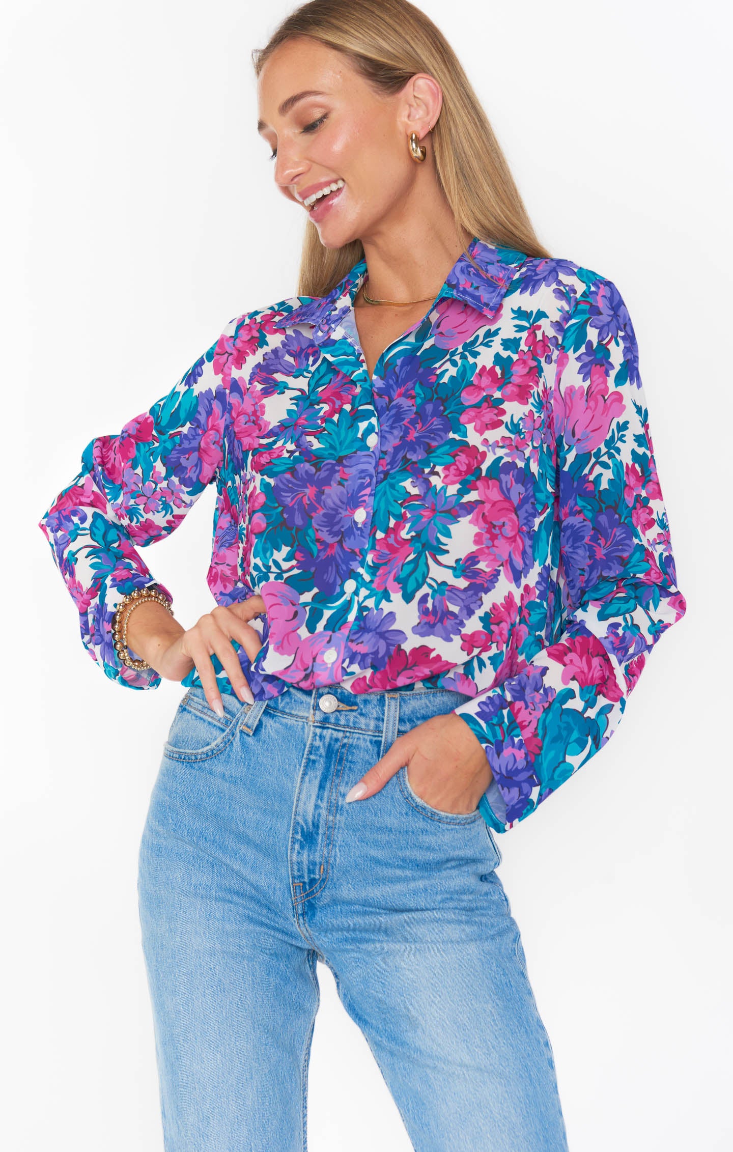 Silky Button Down Shirt with Floral Print | Smith Magenta Blooms