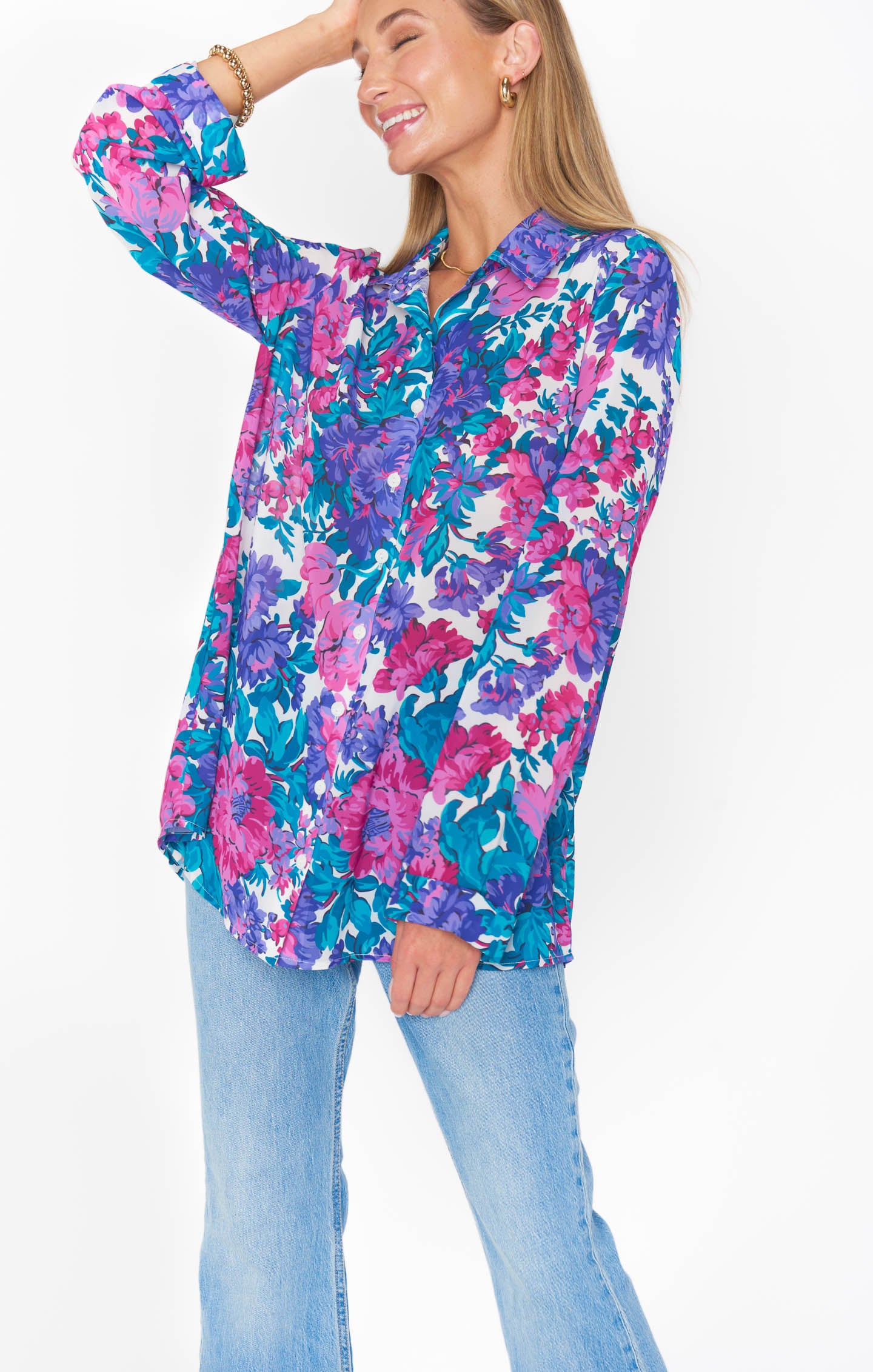 Silky Button Down Shirt with Floral Print | Smith Magenta Blooms