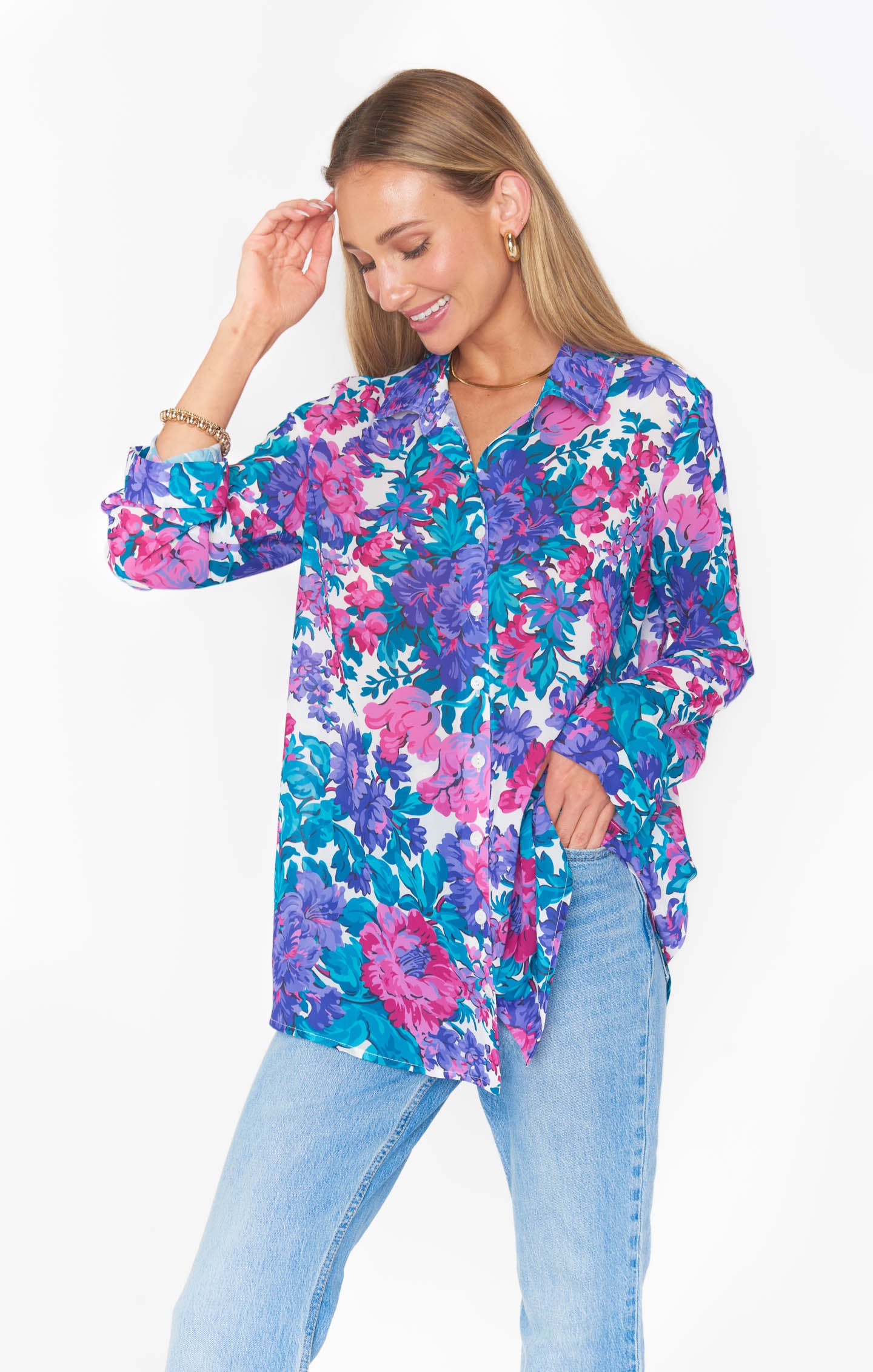 Silky Button Down Shirt with Floral Print | Smith Magenta Blooms