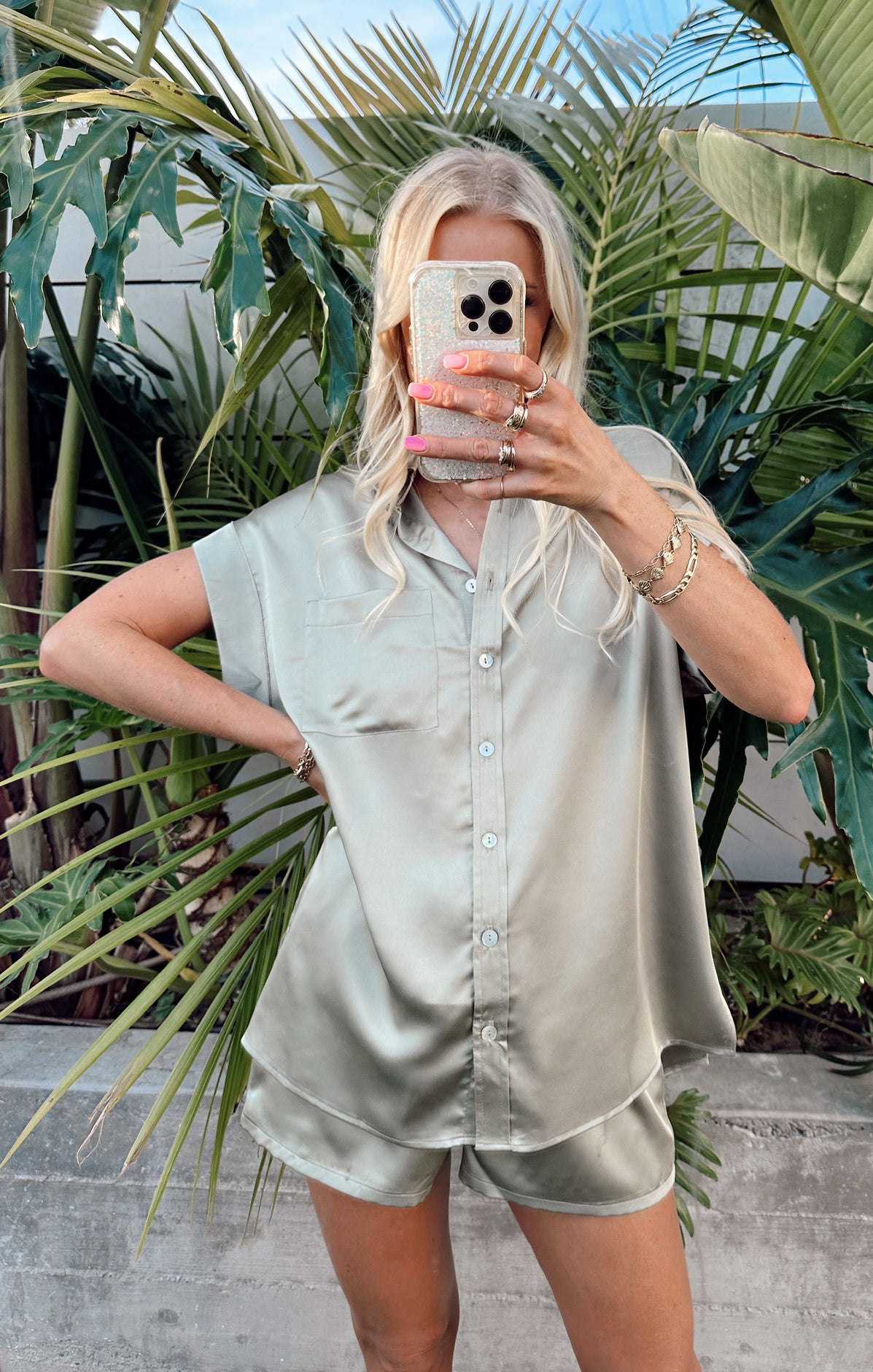 Luxe Satin Button-Up Shirt for Bridal Parties | Moss Green