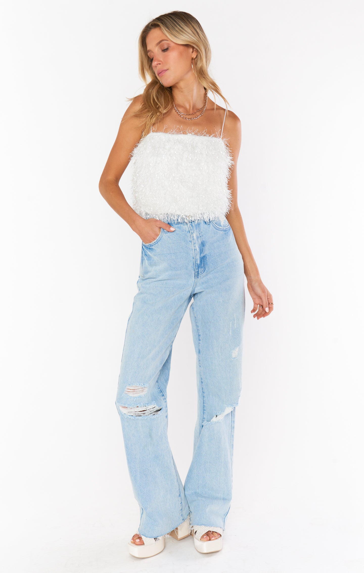 White Feather Crop Top with Straps | She Cute Top