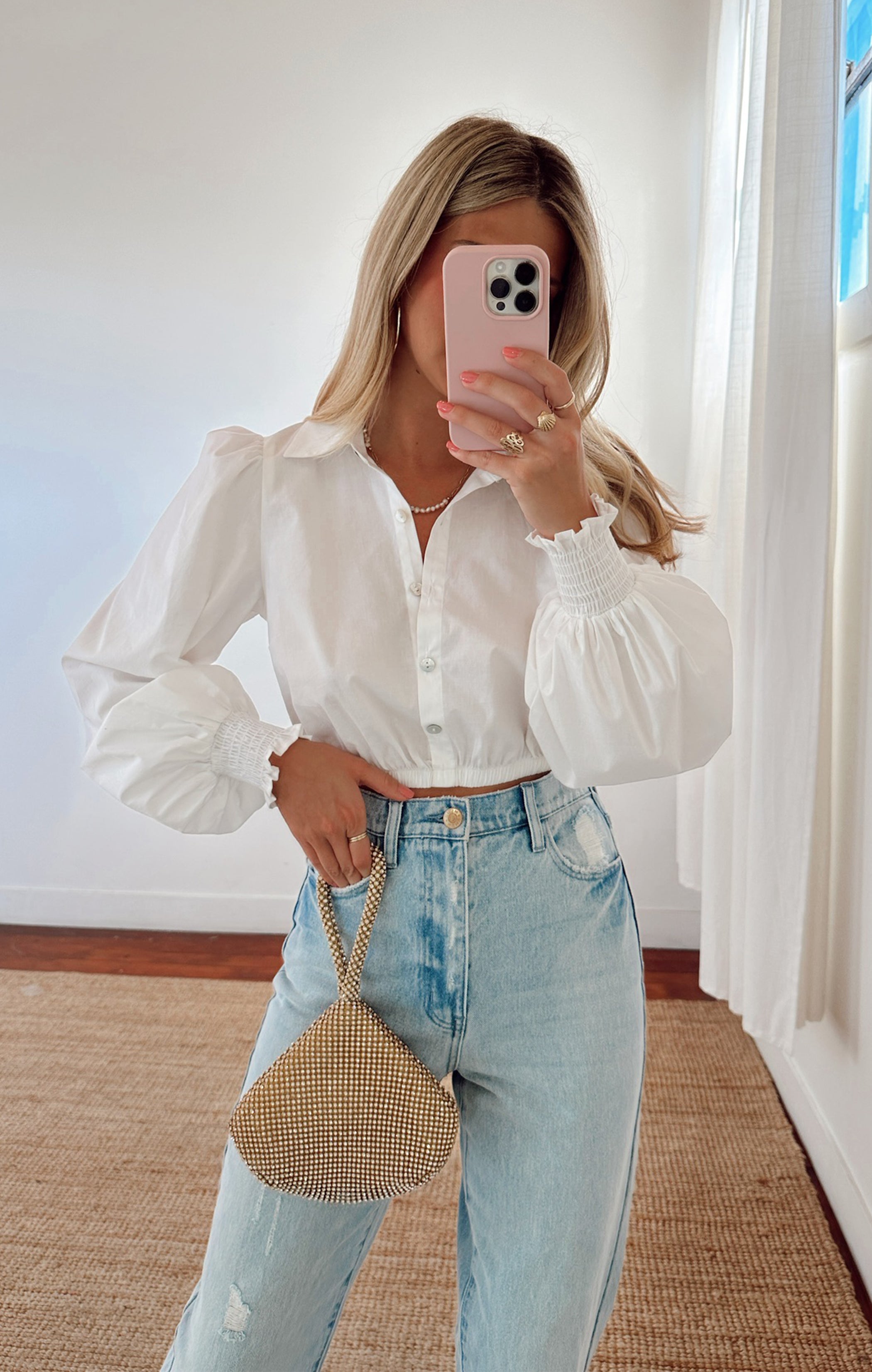 White Poplin Collared Top with Blouson Sleeves | Count On Me