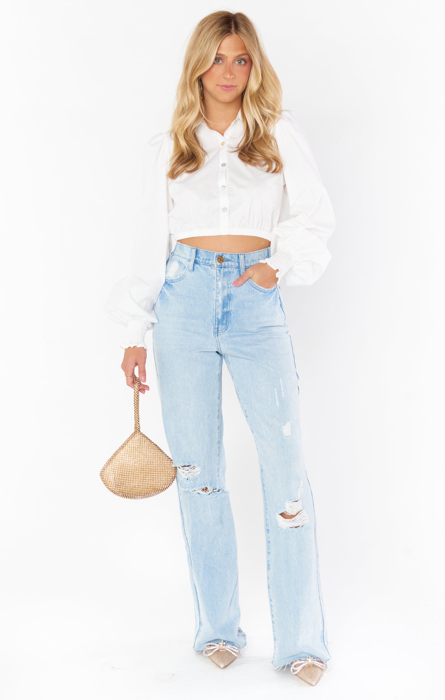 White Poplin Collared Top with Blouson Sleeves | Count On Me