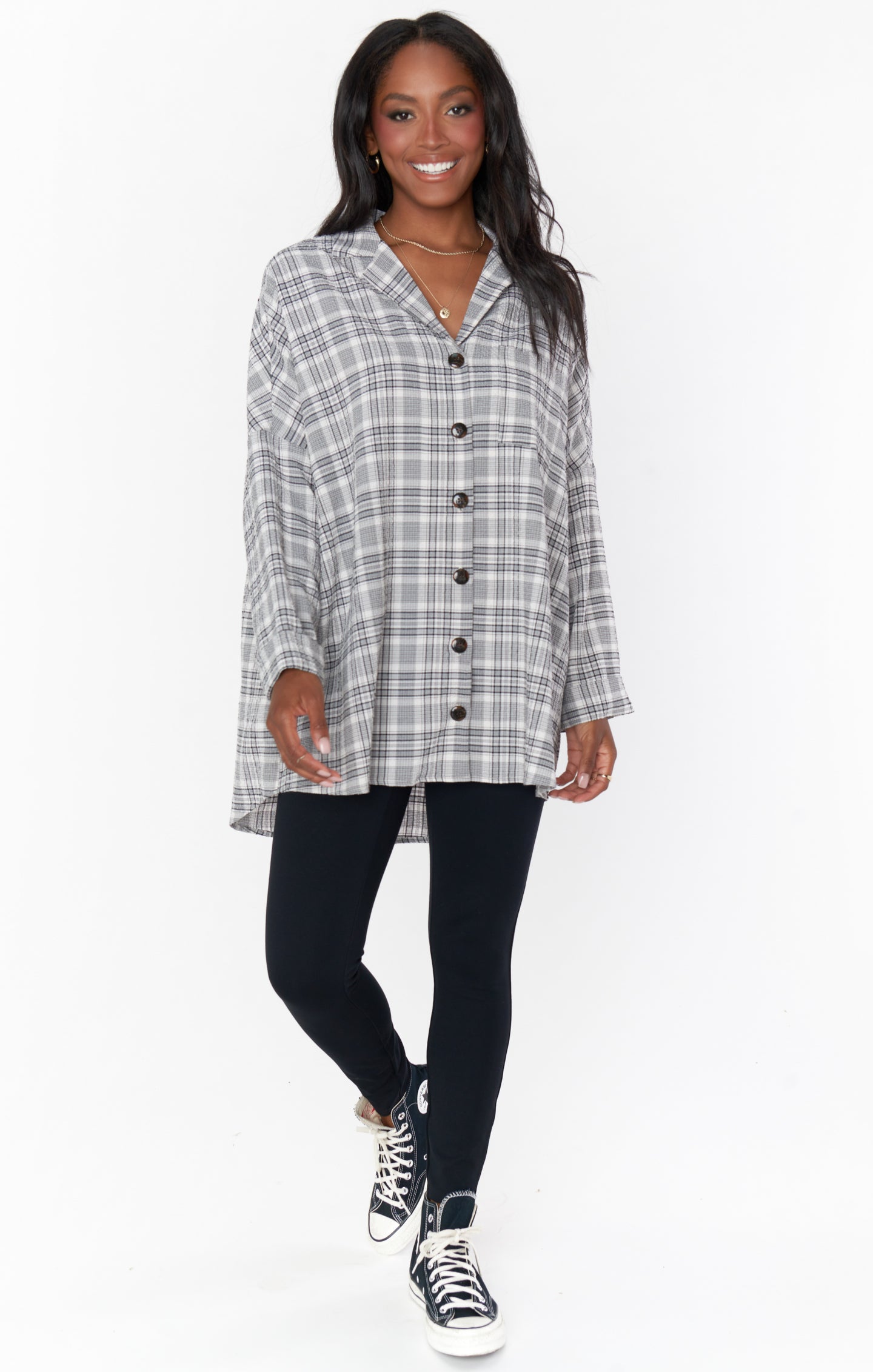 Oversized Plaid Tunic with Button Front | Lorolie