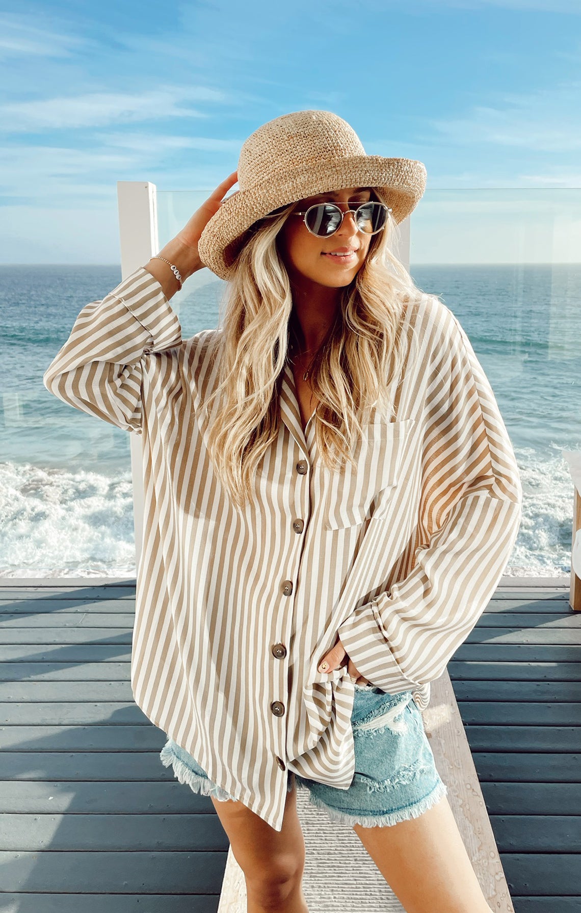Beige Striped Oversized Tunic with Button Front | Lorolie