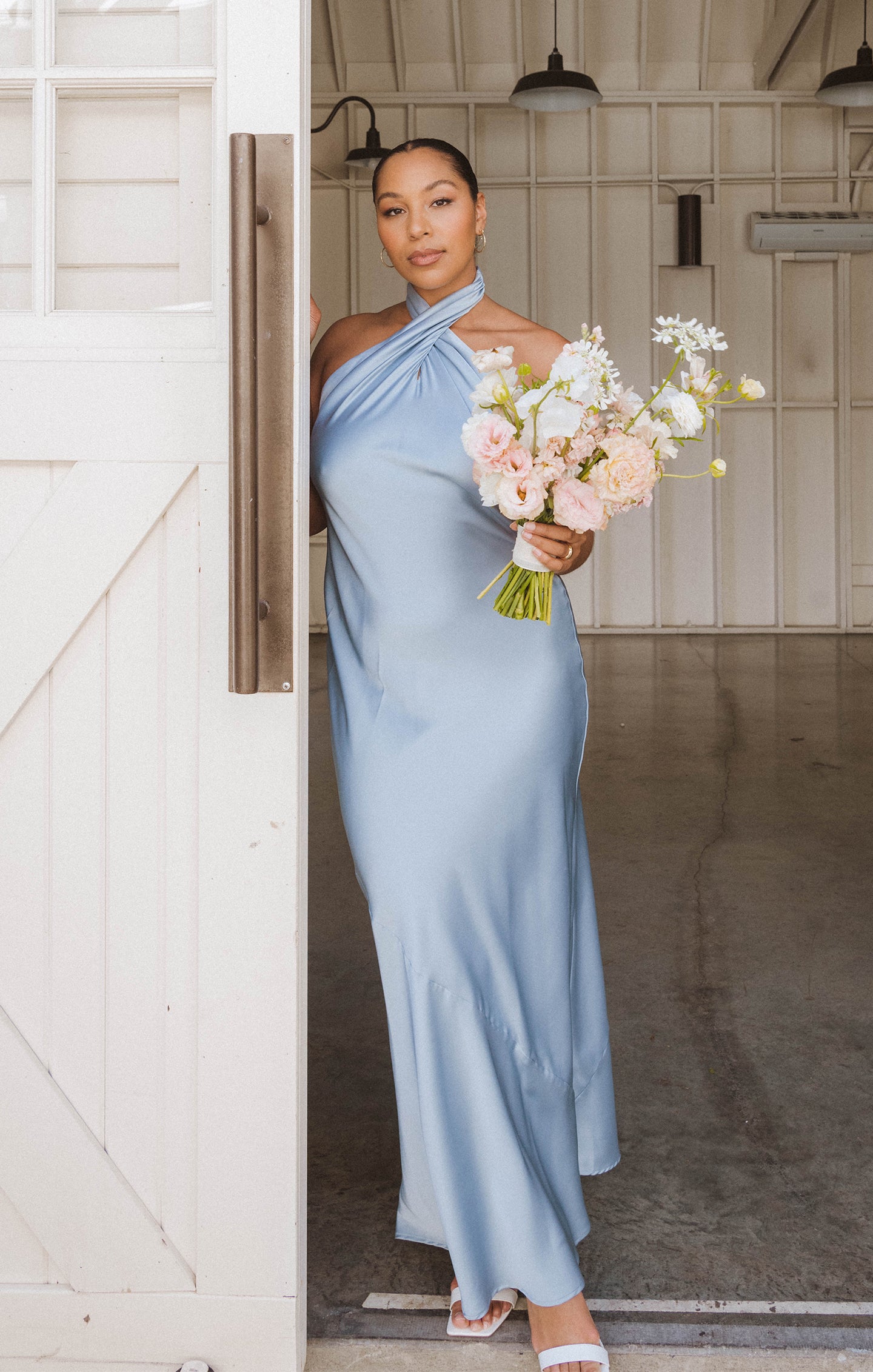 Bias-Cut Halter Maxi Dress with Open Back | Jasmine in Steel Blue