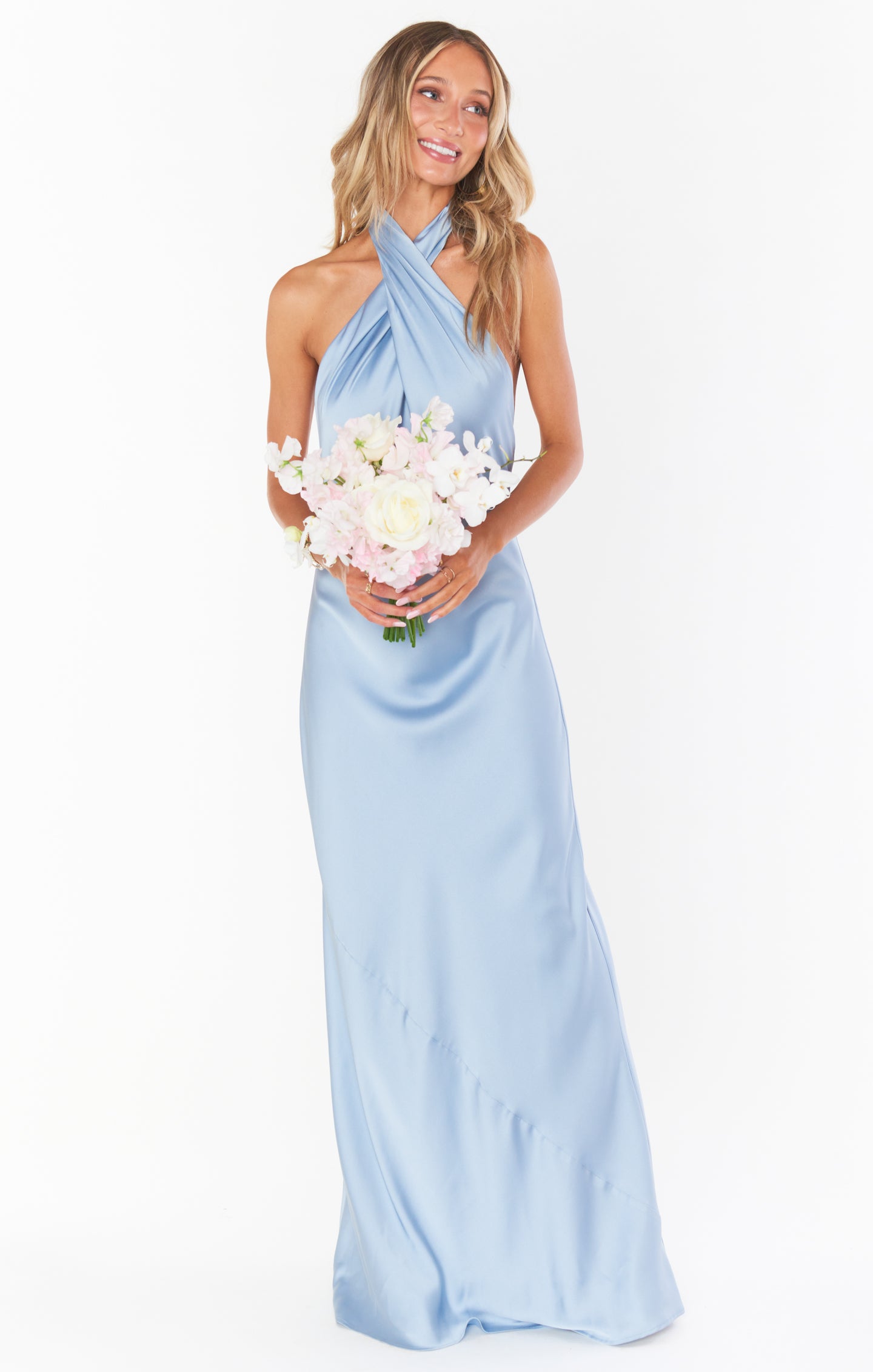 Bias-Cut Halter Maxi Dress with Open Back | Jasmine in Steel Blue