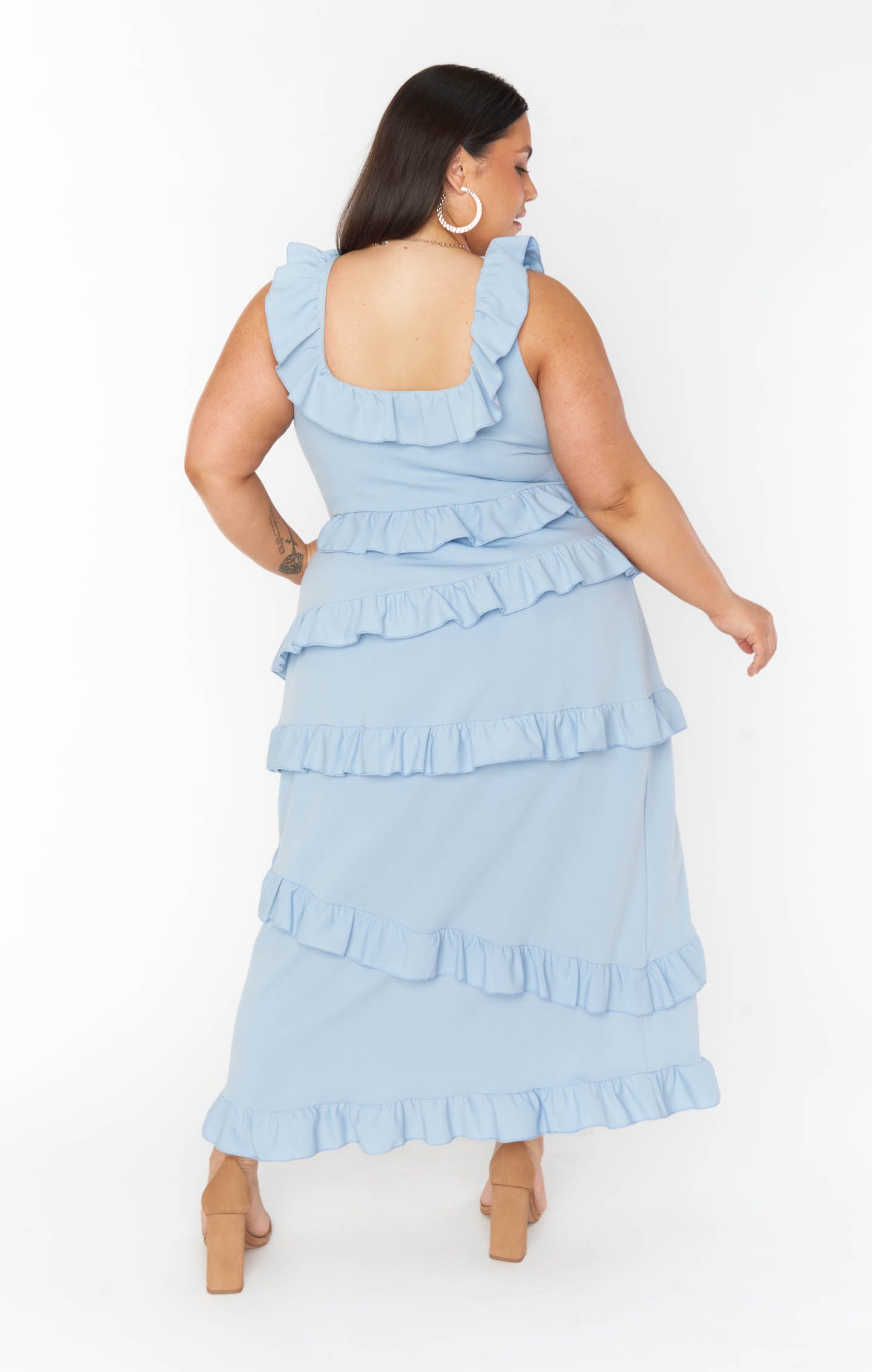 Steel Blue Ruffled Midi Dress with Slit | Greta Dress