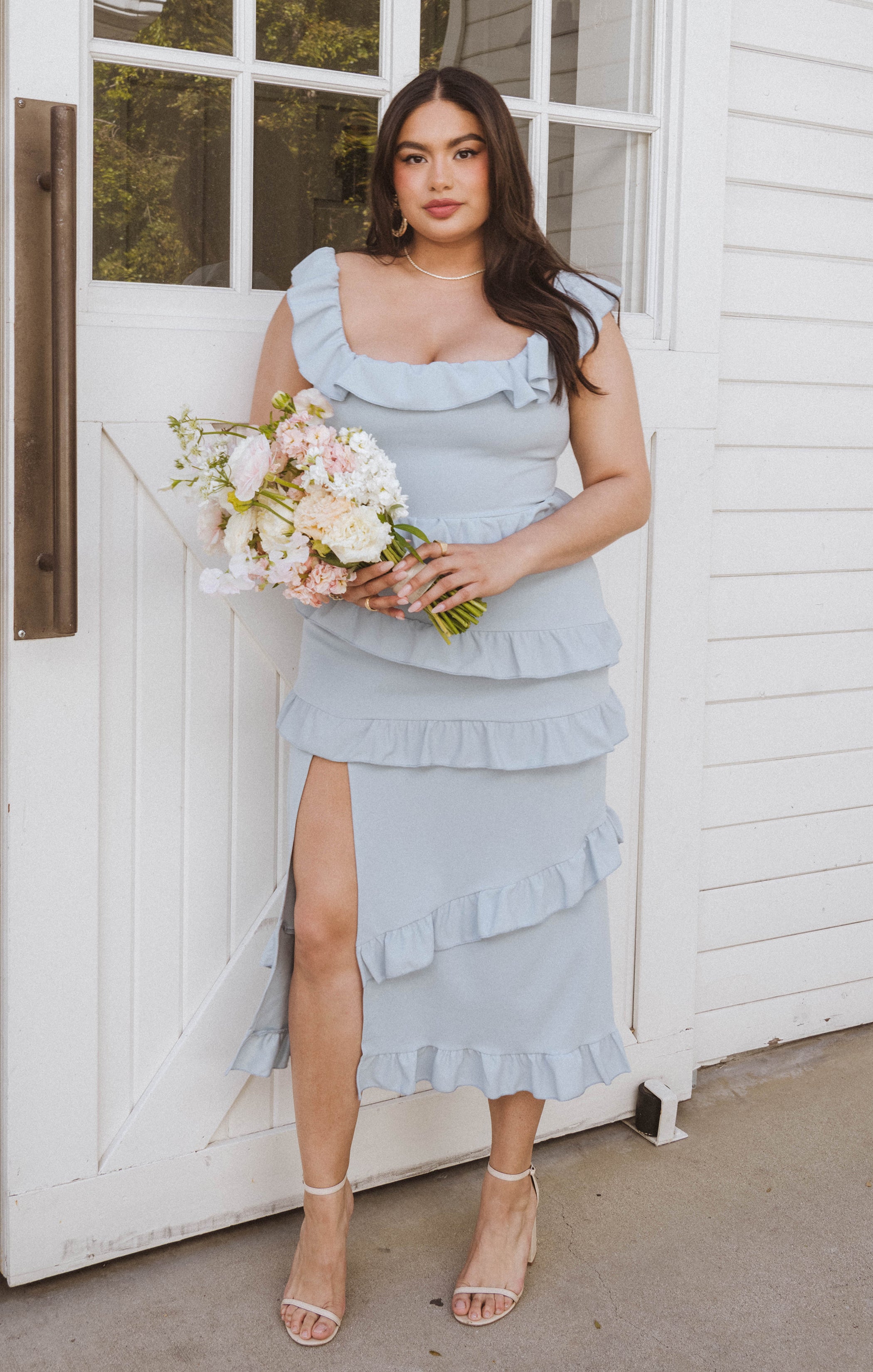 Steel Blue Ruffled Midi Dress with Slit | Greta Dress