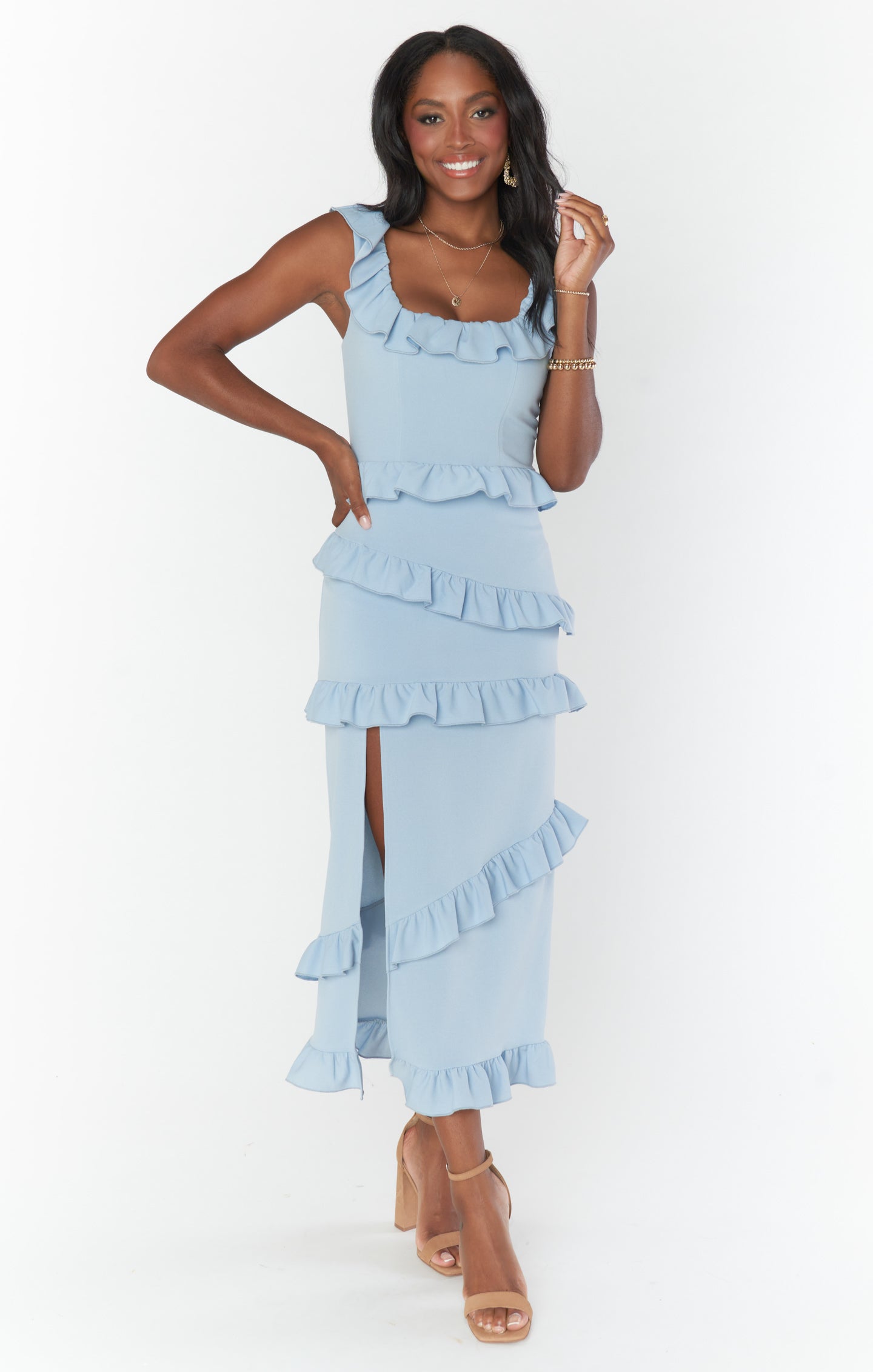 Steel Blue Ruffled Midi Dress with Slit | Greta Dress