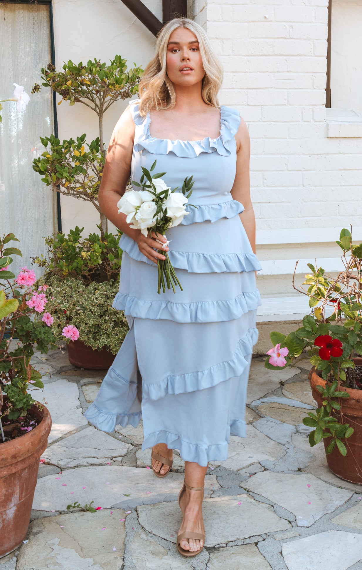 Steel Blue Ruffled Midi Dress with Slit | Greta Dress