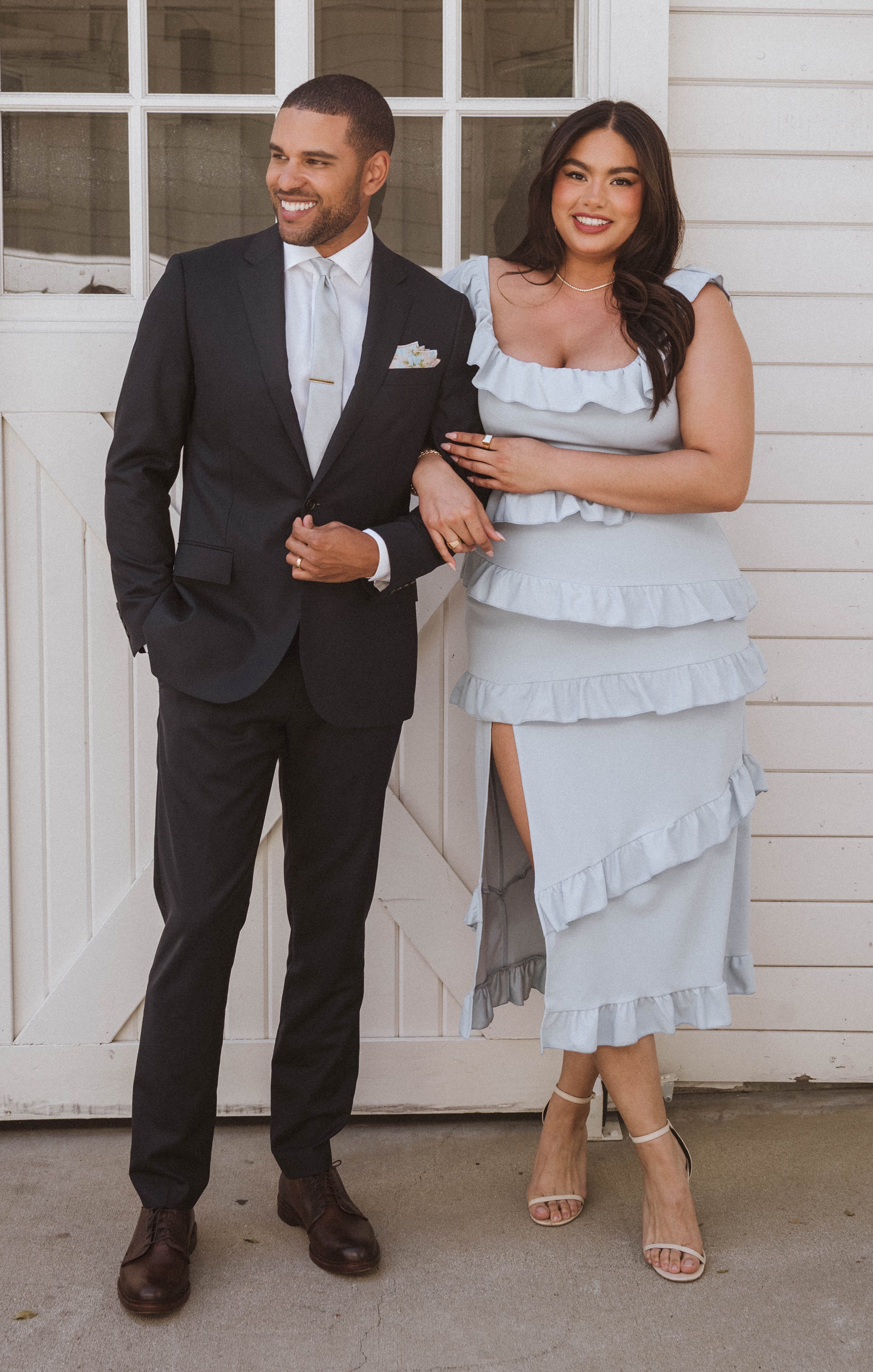 Steel Blue Ruffled Midi Dress with Slit | Greta Dress
