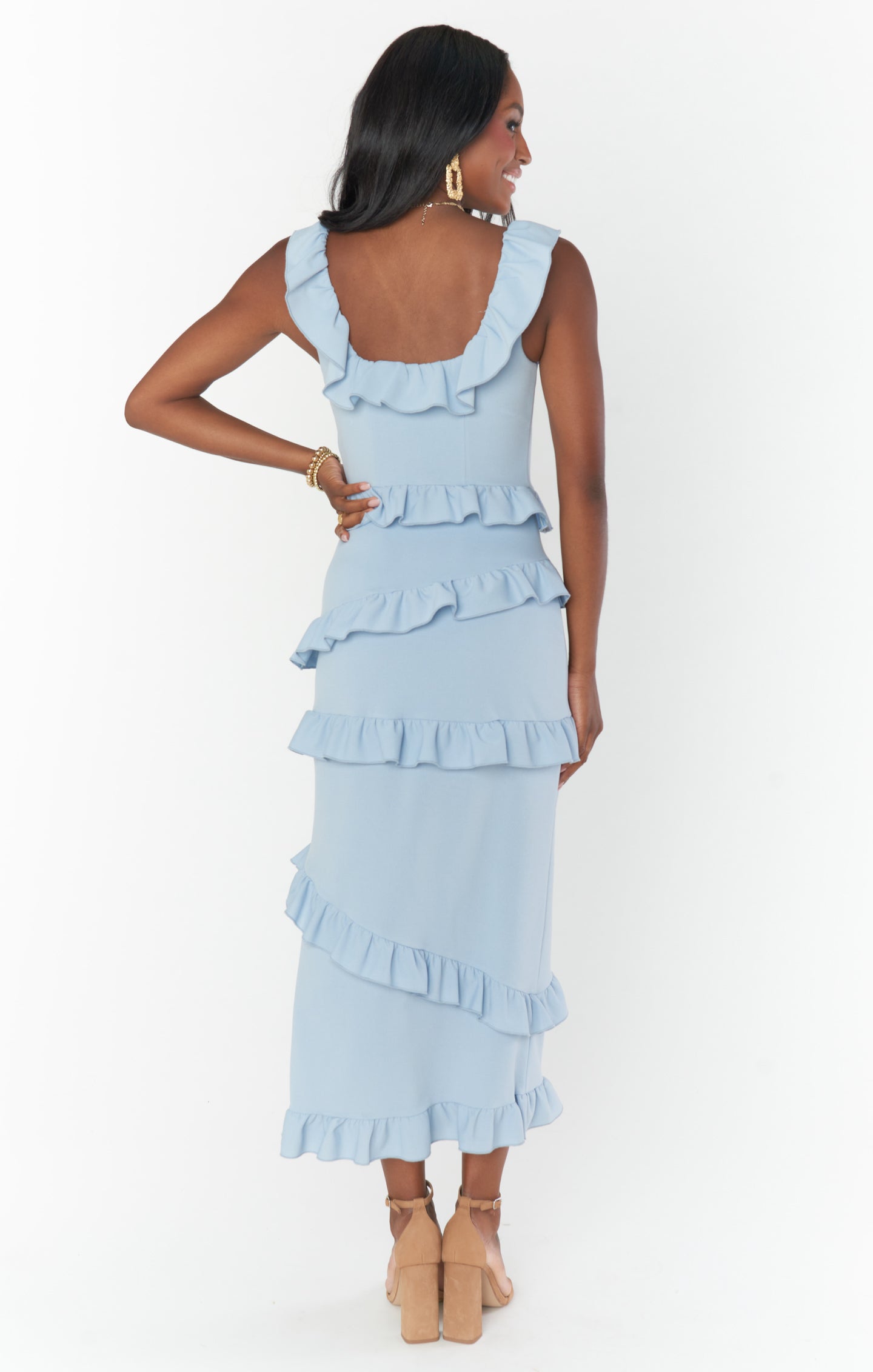 Steel Blue Ruffled Midi Dress with Slit | Greta Dress