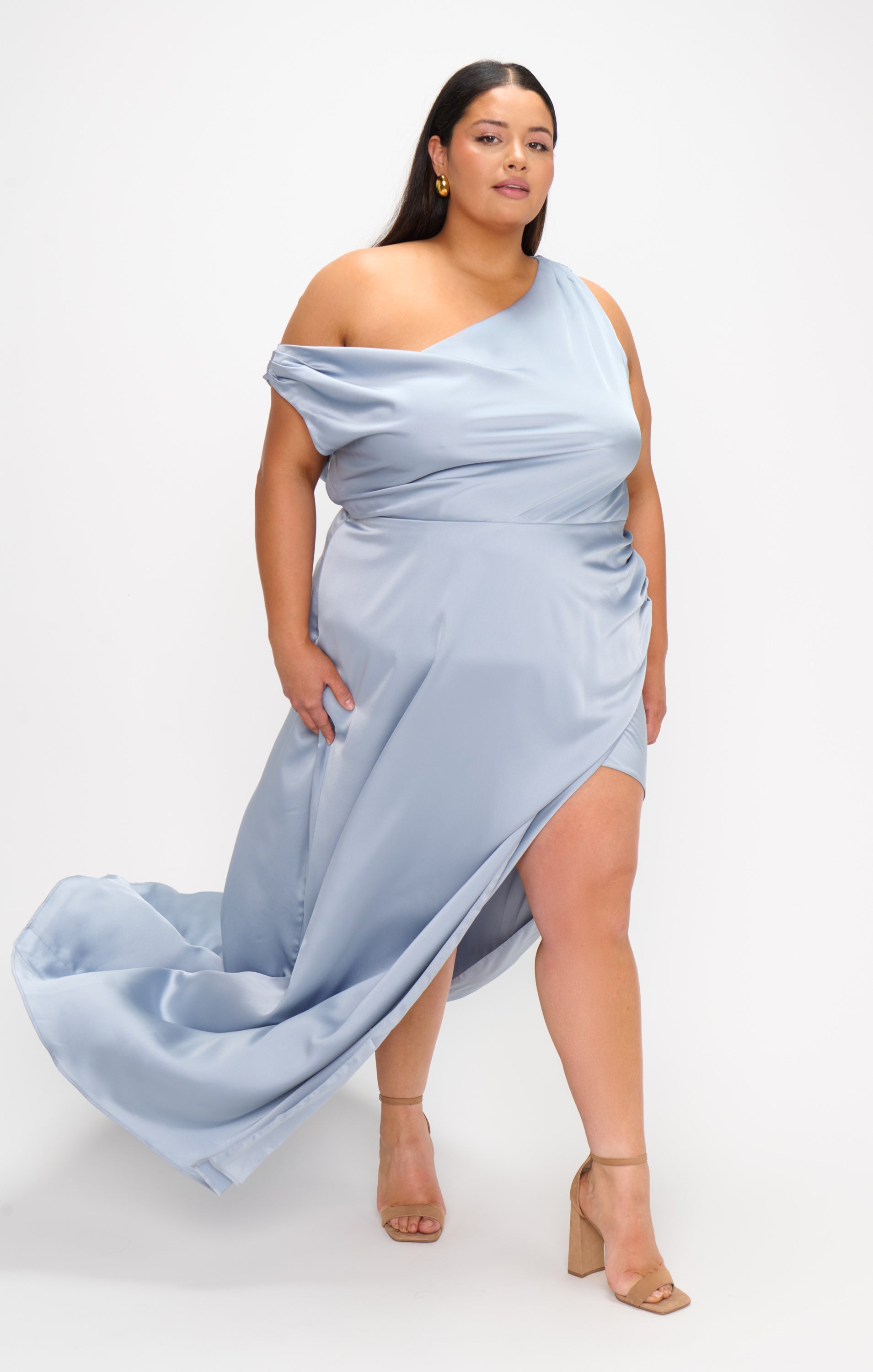 Steel Blue Satin Jodie Dress with Asymmetrical Drape & Side Slit