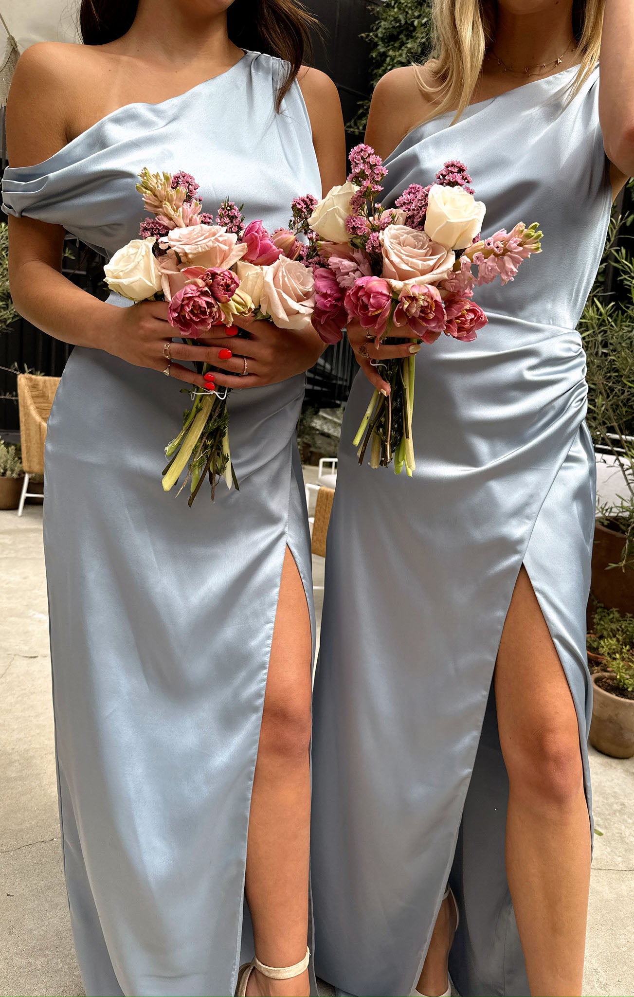 Steel Blue Satin Jodie Dress with Asymmetrical Drape & Side Slit