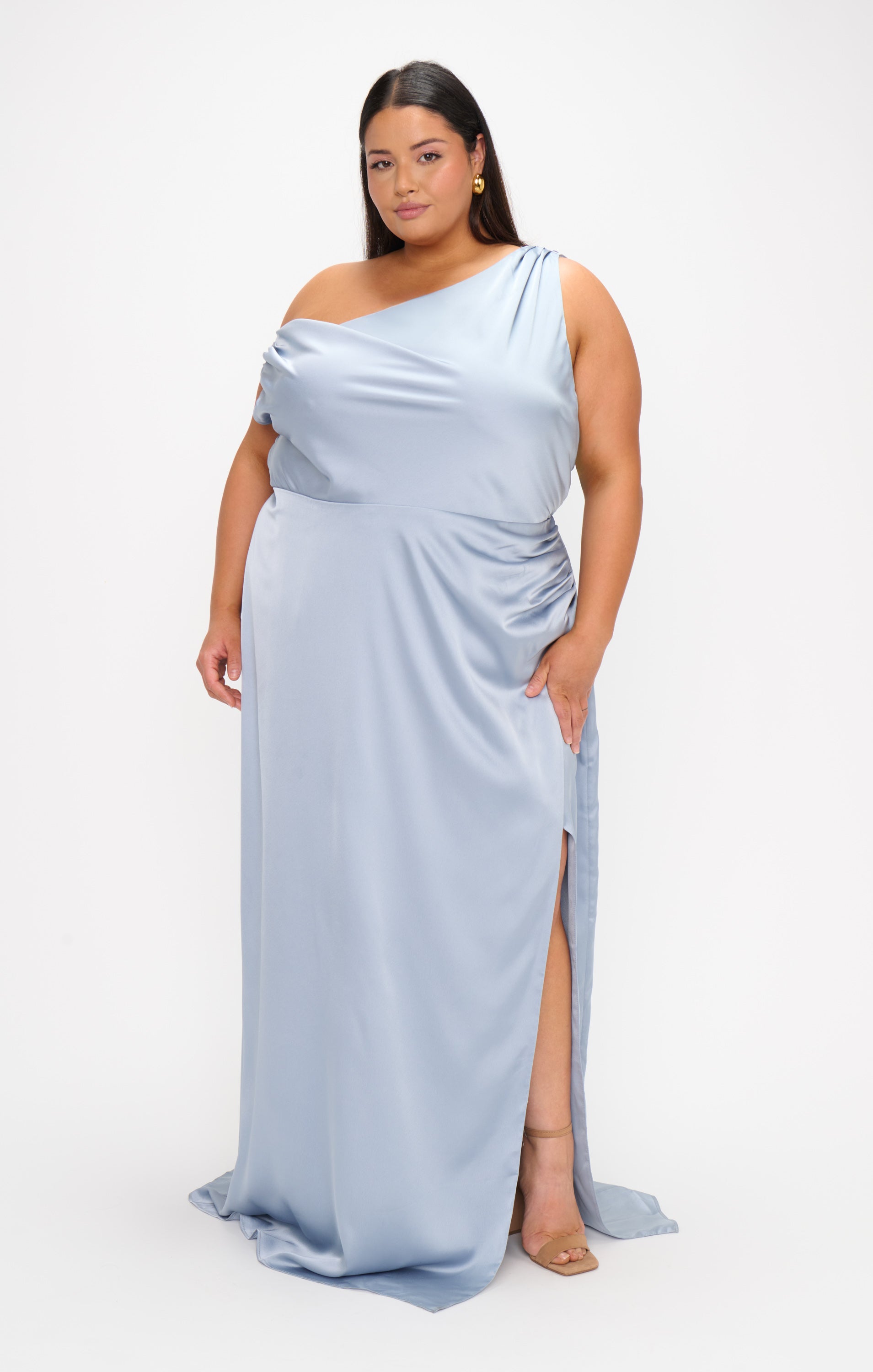 Steel Blue Satin Jodie Dress with Asymmetrical Drape & Side Slit