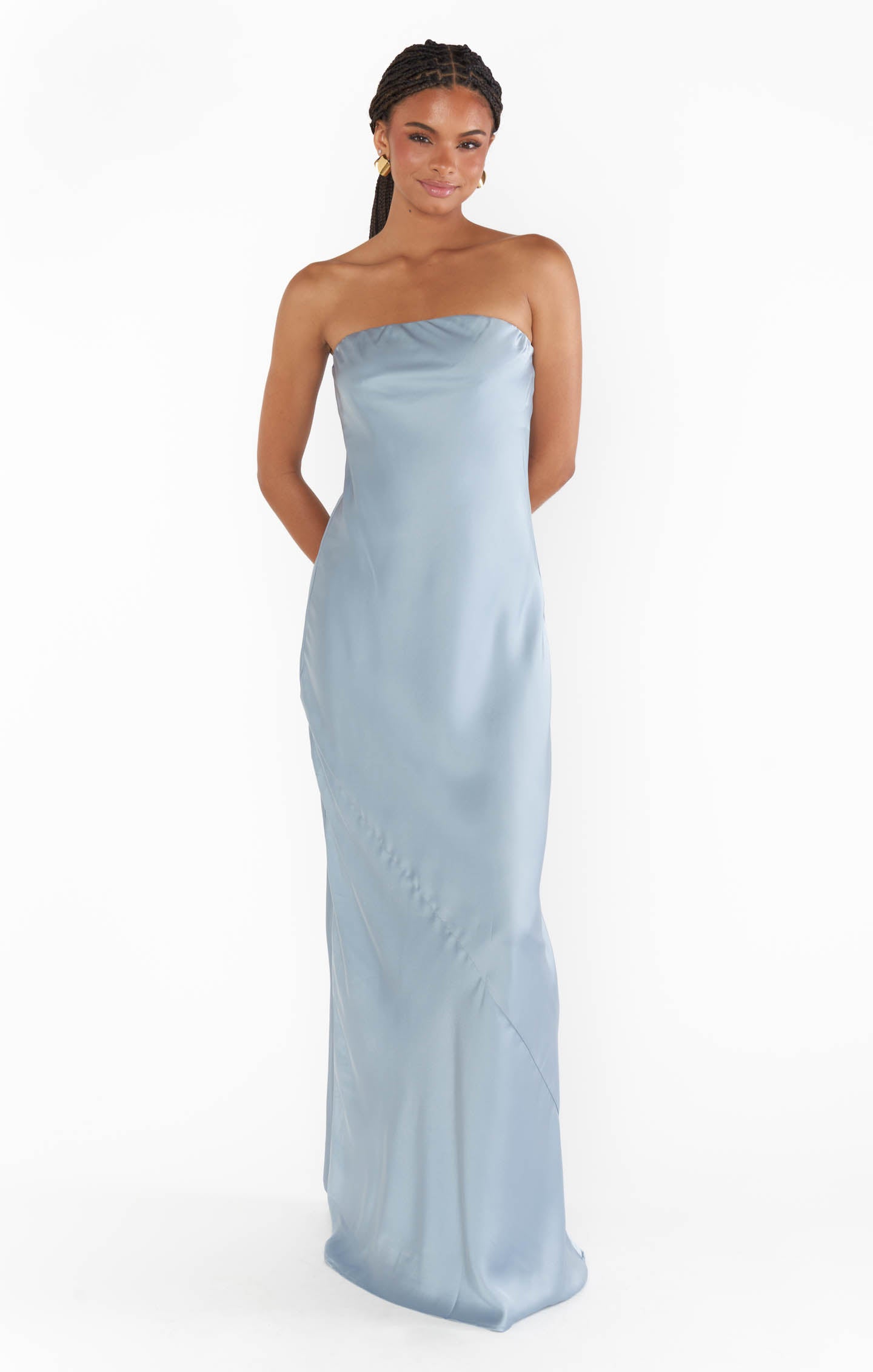 Strapless Satin Maxi Dress in Steel Blue | Taylor Tube