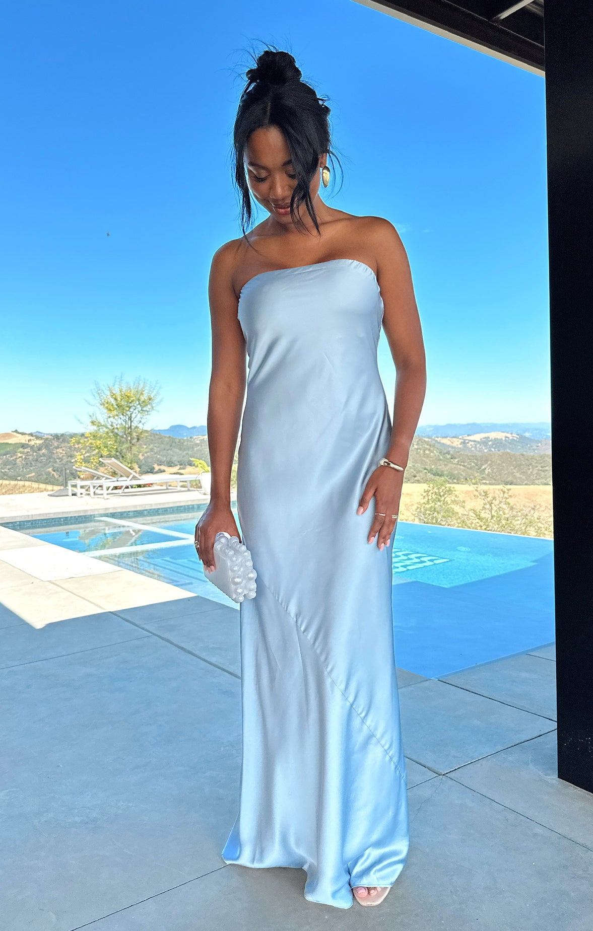 Strapless Satin Maxi Dress in Steel Blue | Taylor Tube