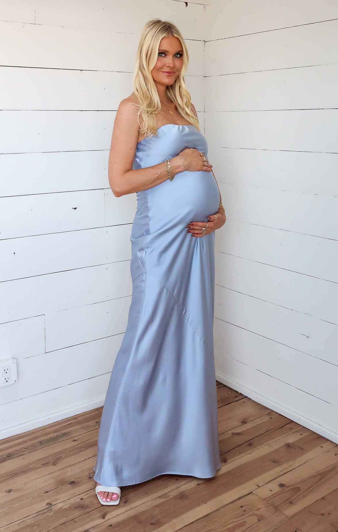 Strapless Satin Maxi Dress in Steel Blue | Taylor Tube