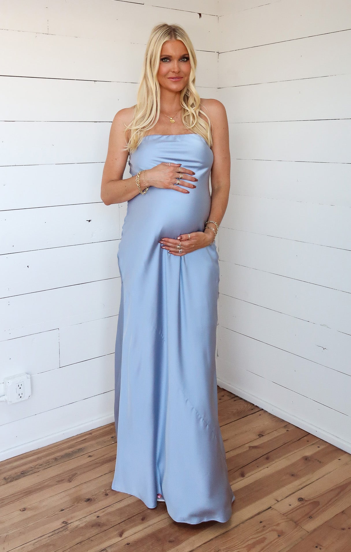 Strapless Satin Maxi Dress in Steel Blue | Taylor Tube