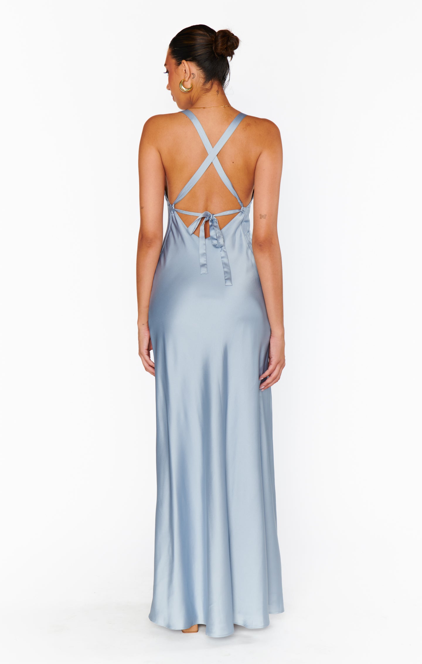 Steel Blue Satin Maxi Dress with Open Back | Anderson Luxe