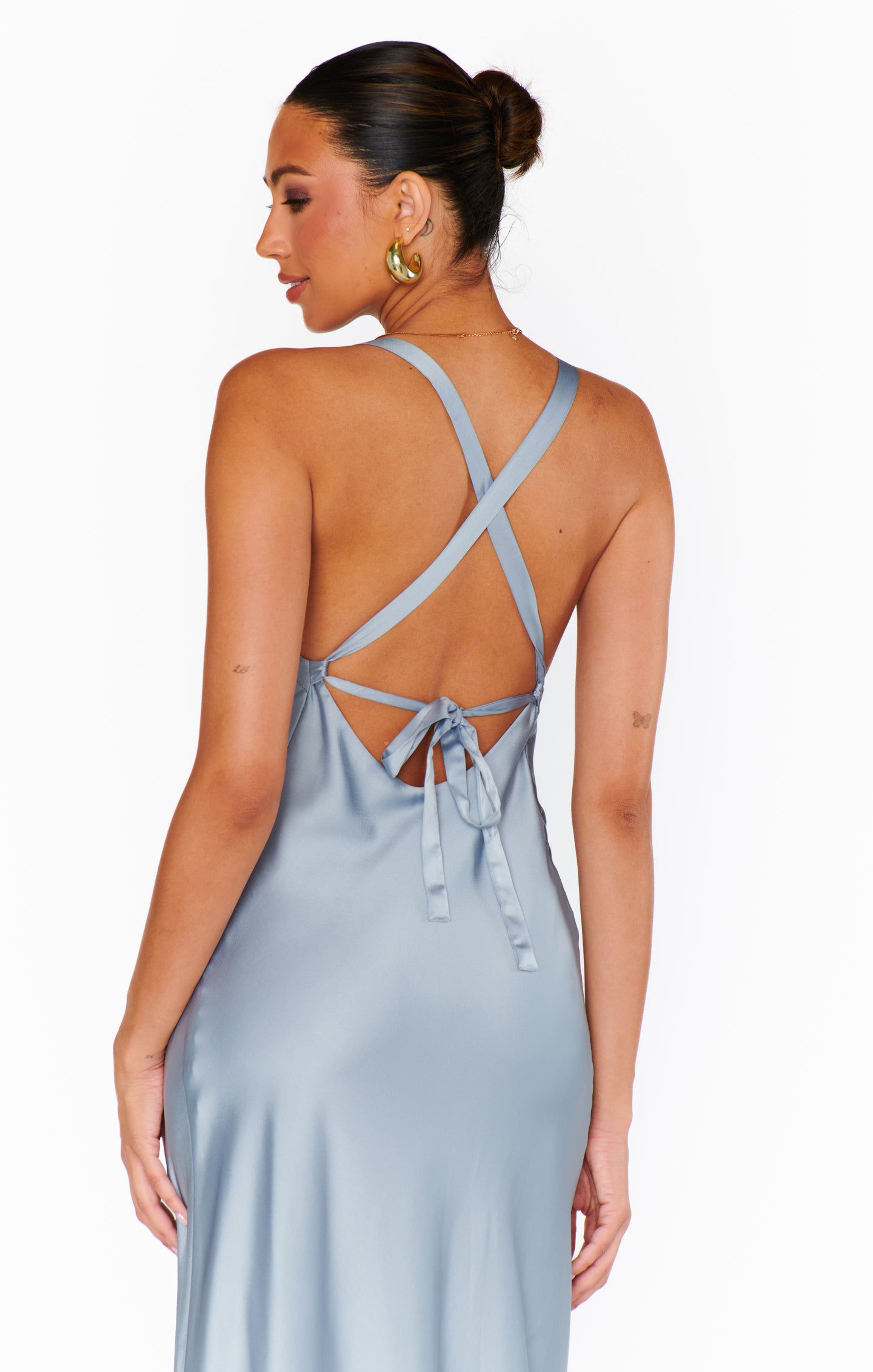Steel Blue Satin Maxi Dress with Open Back | Anderson Luxe