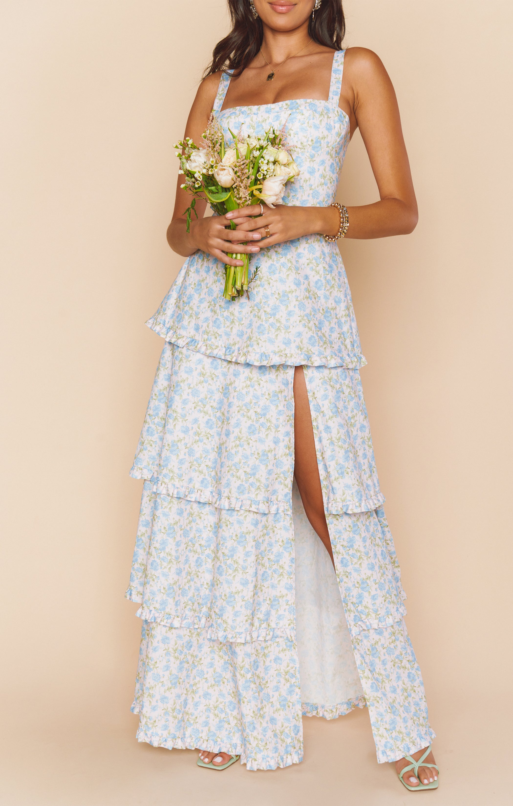 Corset Dress with Floral Tiers & Side Slit | Charming Rose