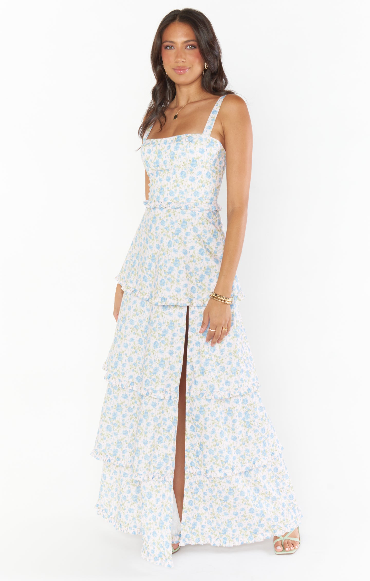 Corset Dress with Floral Tiers & Side Slit | Charming Rose