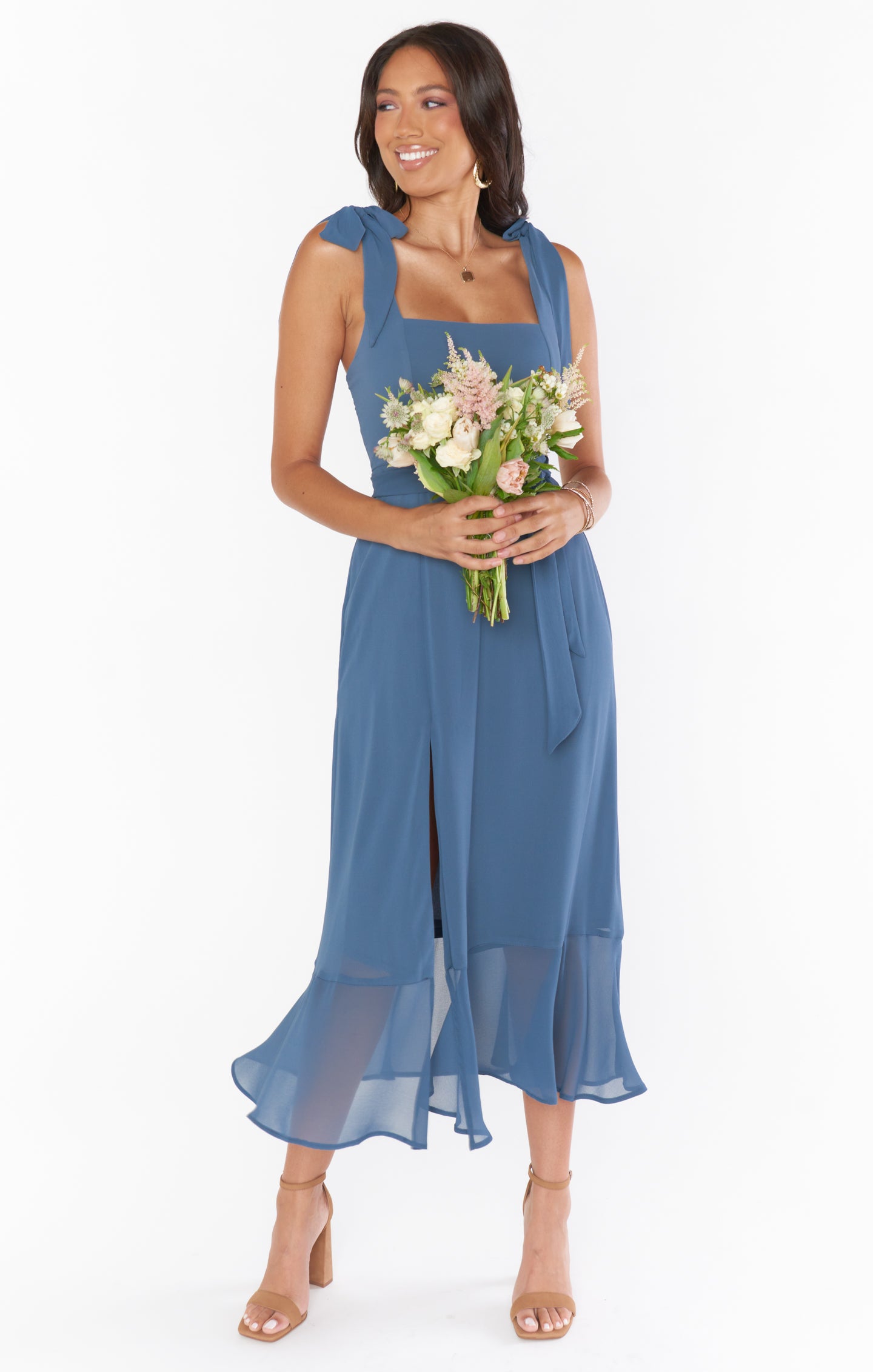 Square Neck Midi Dress with Smocked Back & Detachable Sash | Claire