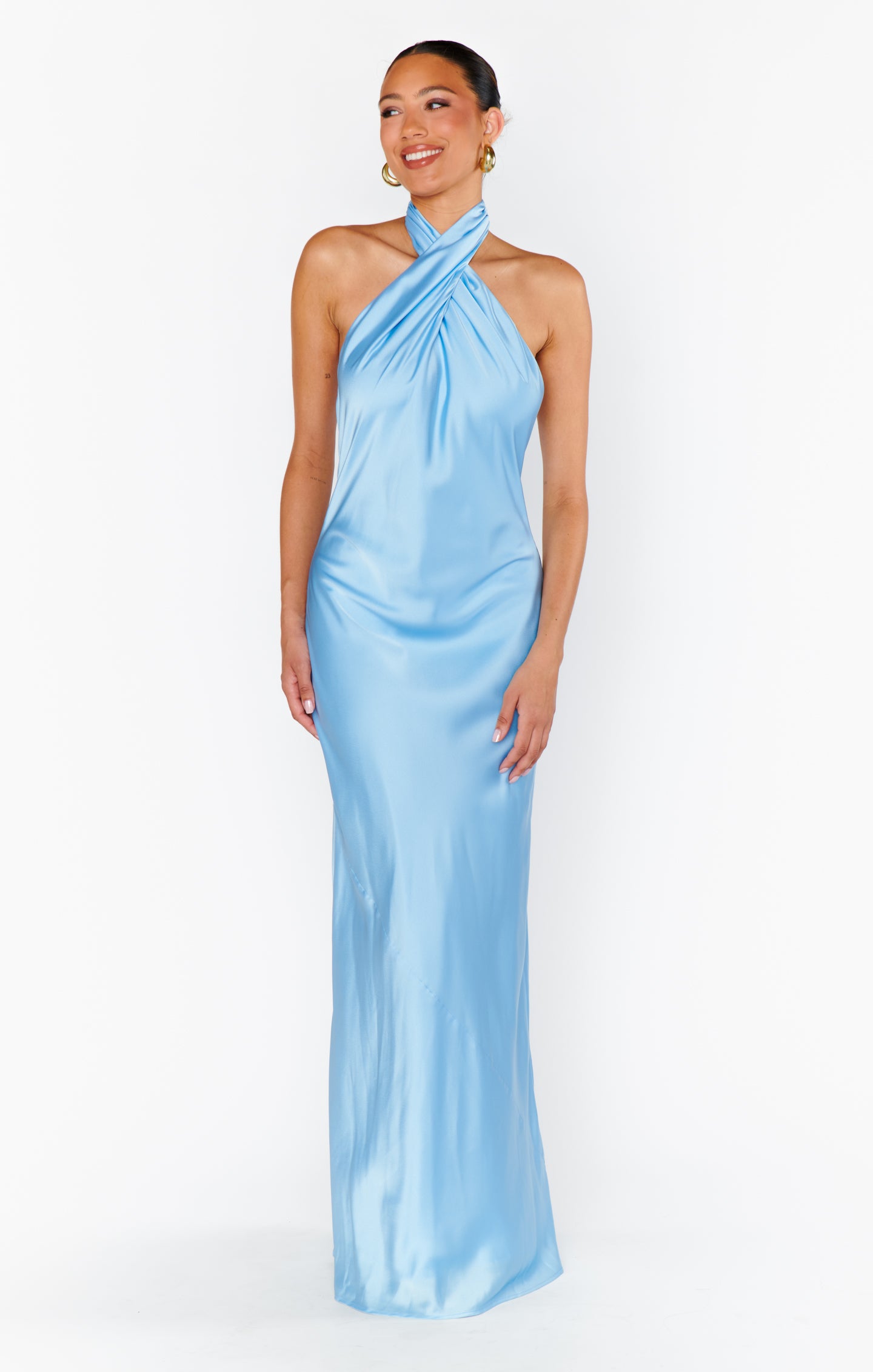 Bias-Cut Halter Maxi Dress with Open Back | Jasmine Baby Blue Satin