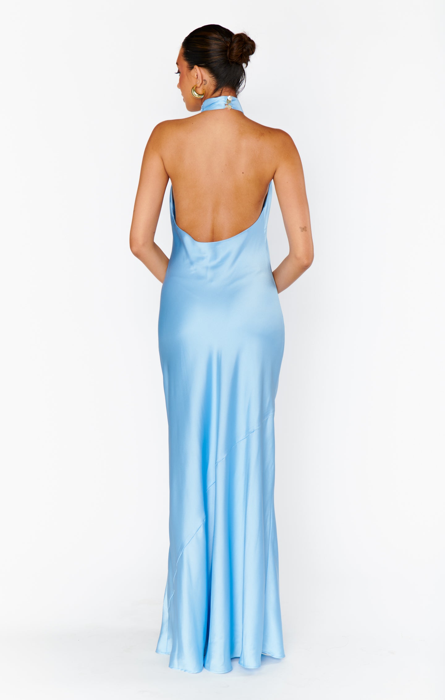 Bias-Cut Halter Maxi Dress with Open Back | Jasmine Baby Blue Satin