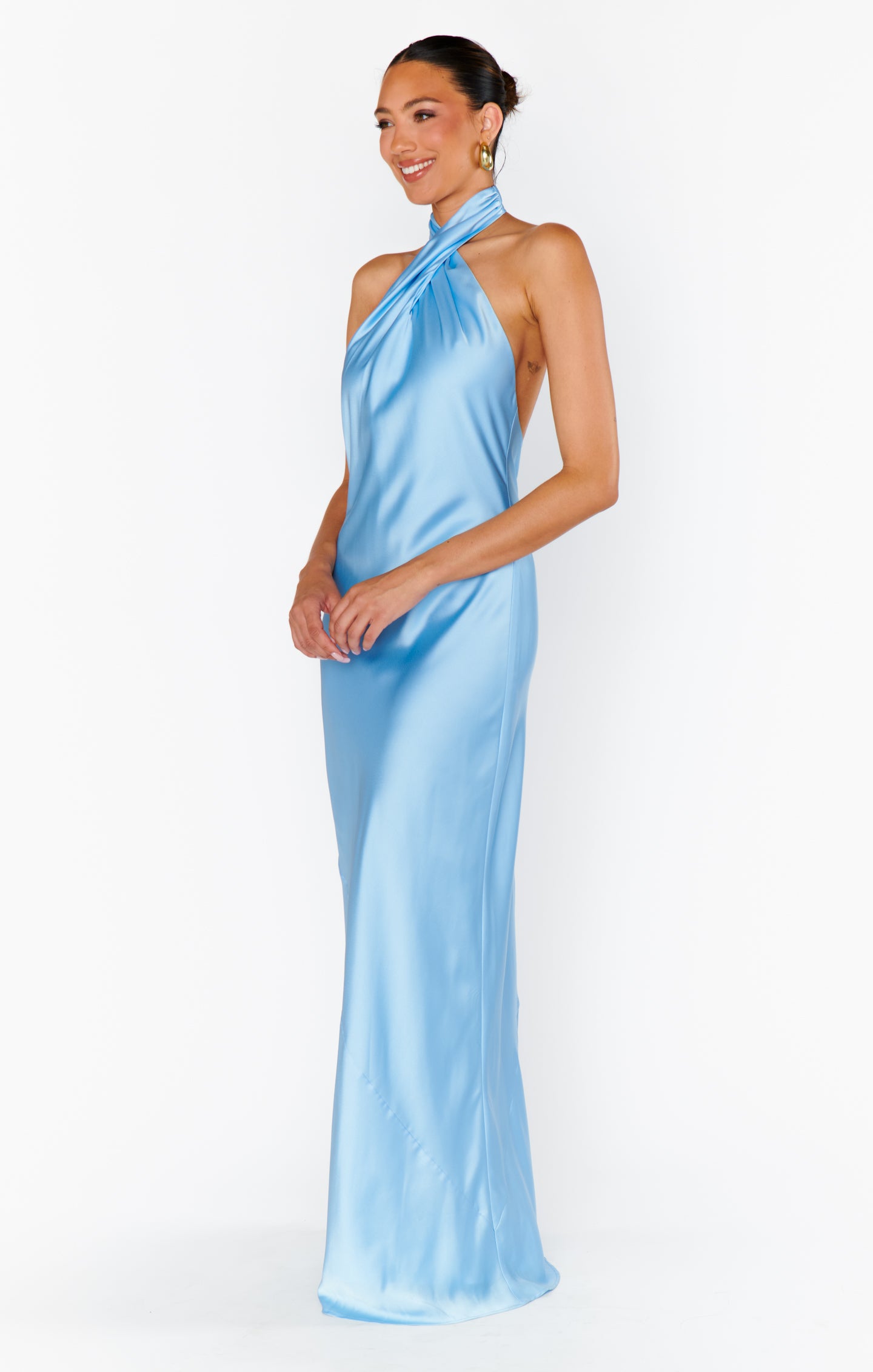 Bias-Cut Halter Maxi Dress with Open Back | Jasmine Baby Blue Satin