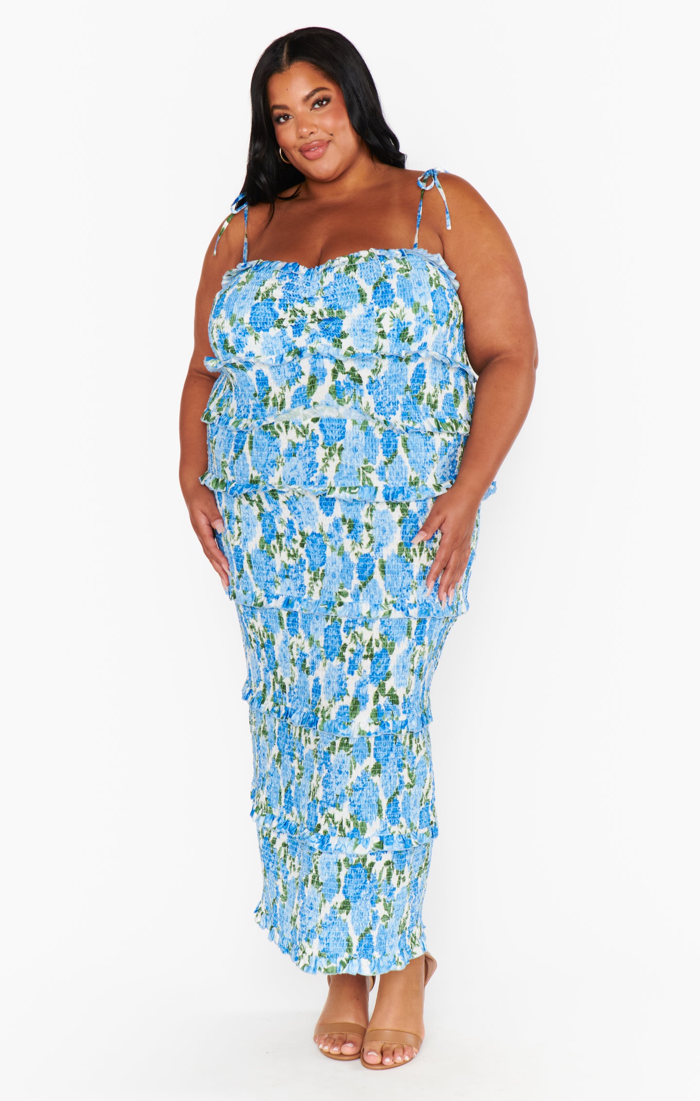 Floral Smocked Midi Dress with Adjustable Straps | Stella Cottage Blue