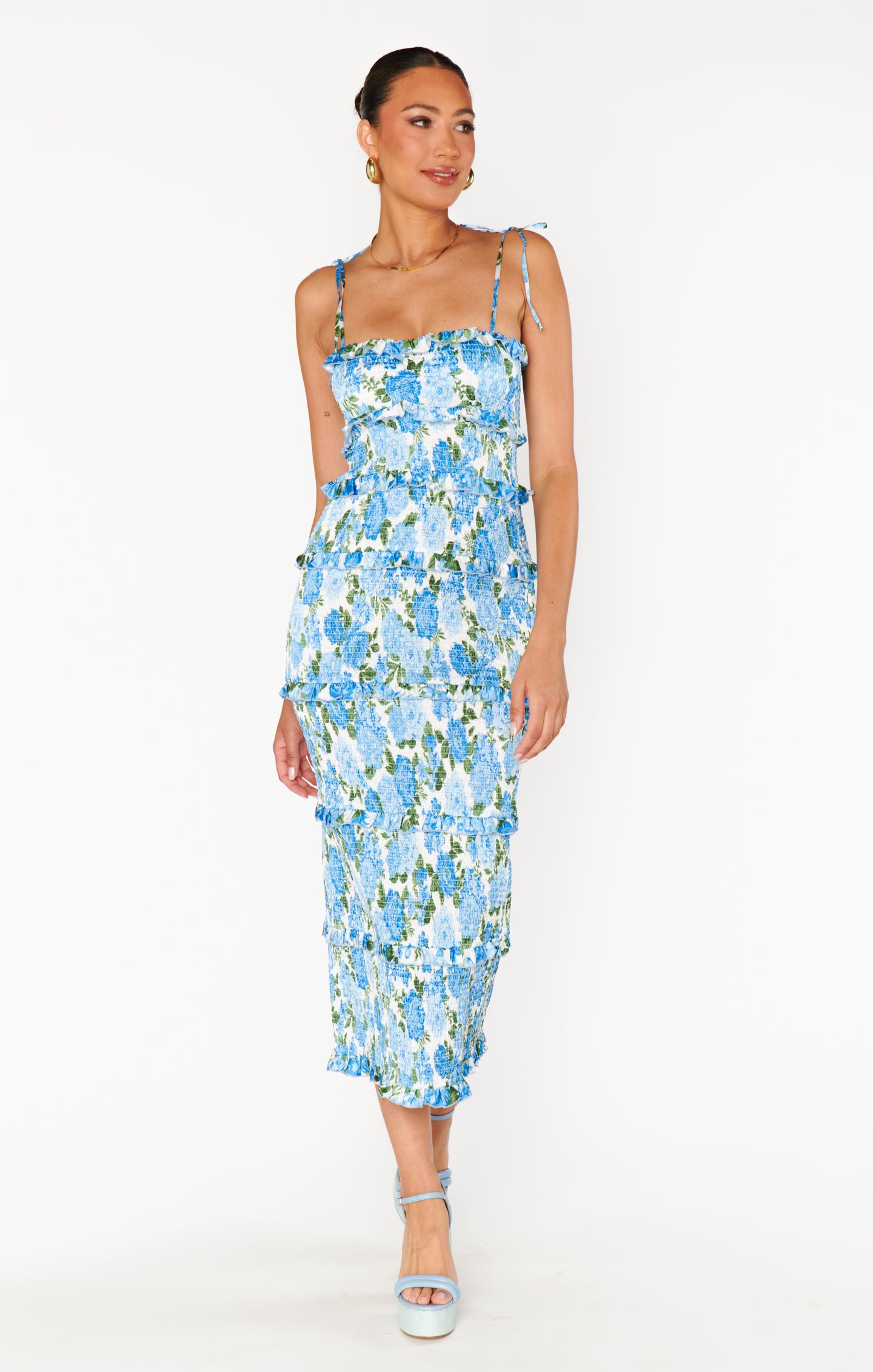 Floral Smocked Midi Dress with Adjustable Straps | Stella Cottage Blue