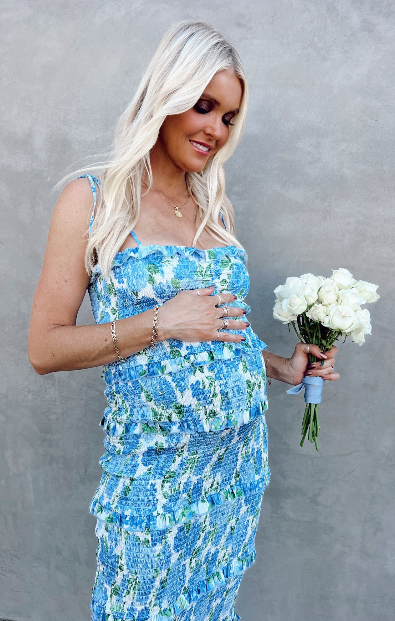 Floral Smocked Midi Dress with Adjustable Straps | Stella Cottage Blue