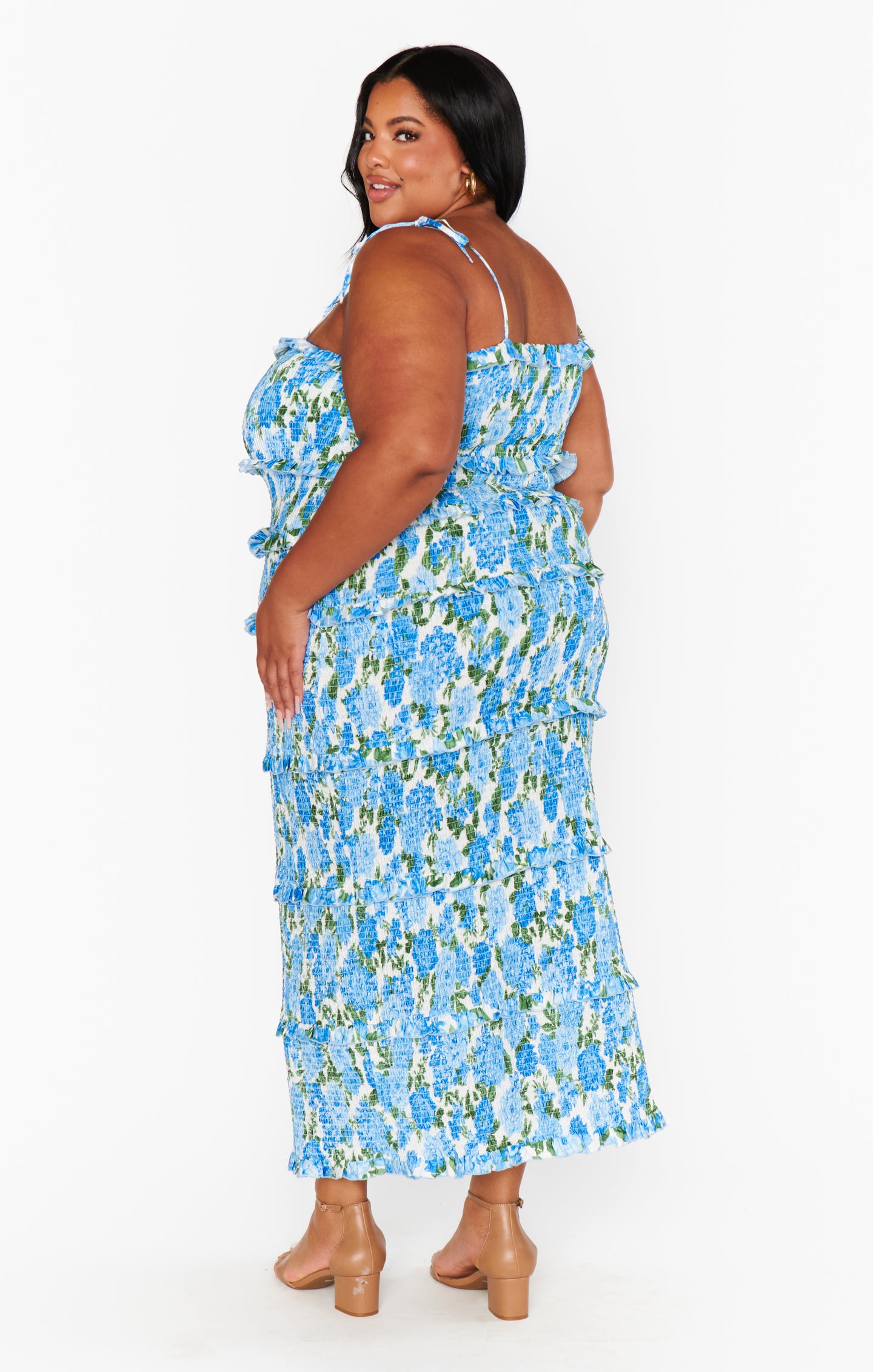 Floral Smocked Midi Dress with Adjustable Straps | Stella Cottage Blue
